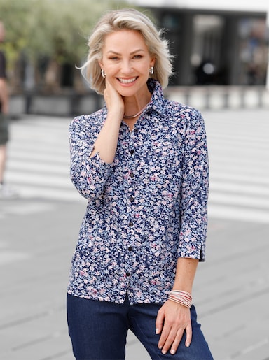 Jerseyblouse - marine/rosé bedrukt