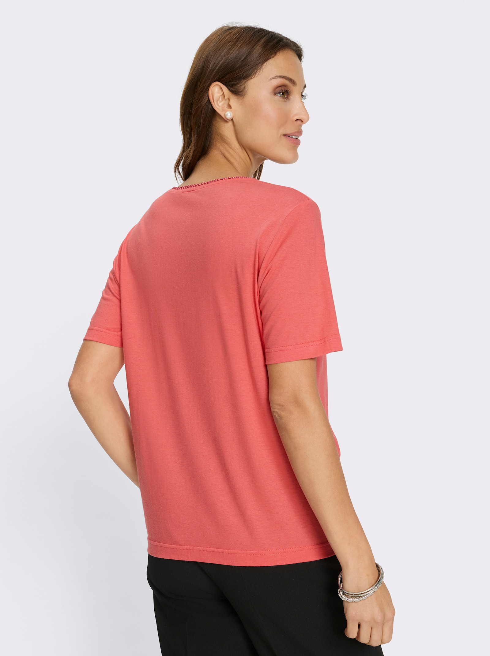 Kurzarmshirt mit Zierperlen - grapefruit
