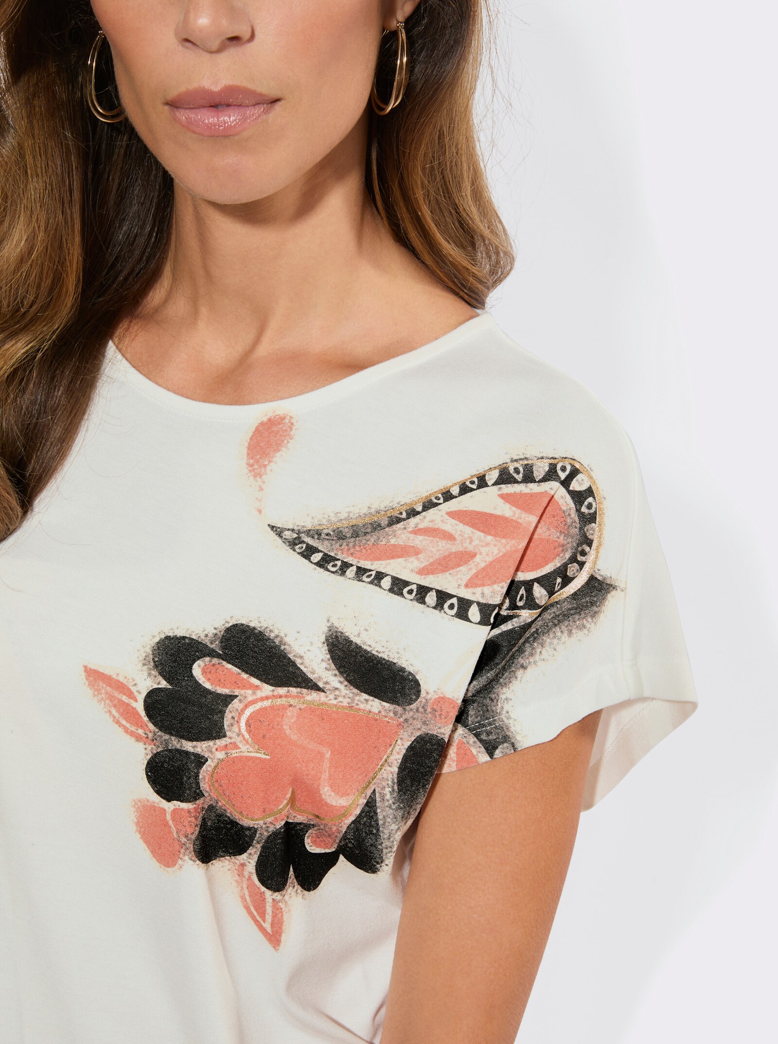 Kurzarmshirt mit überschnittenen Schultern - ecru-papaya-bedruckt
