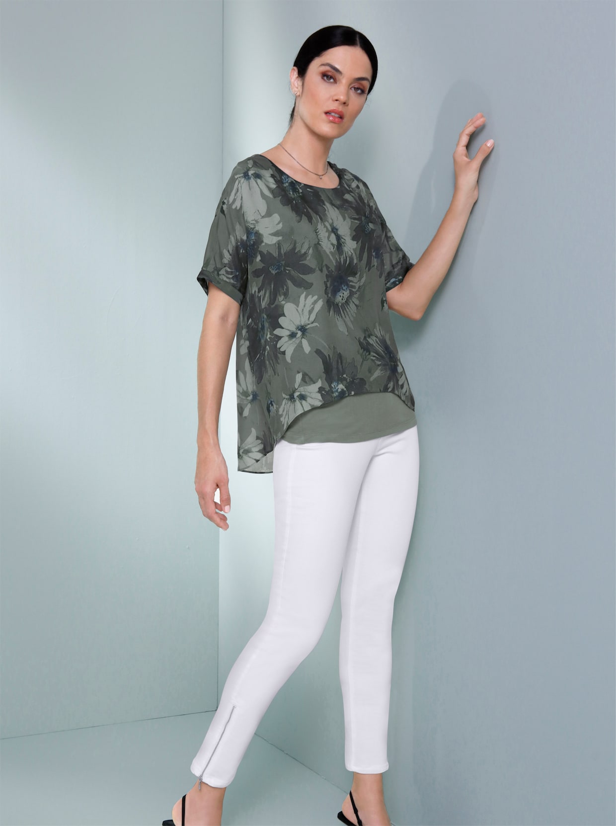 CREATION L PREMIUM Zijden blouse - kaki/ecru bedrukt