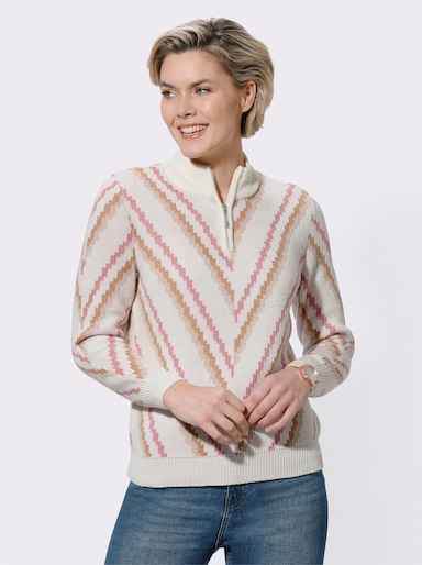Stehkragenpullover mit Jacquard-Muster - ecru-altrosa-gemustert
