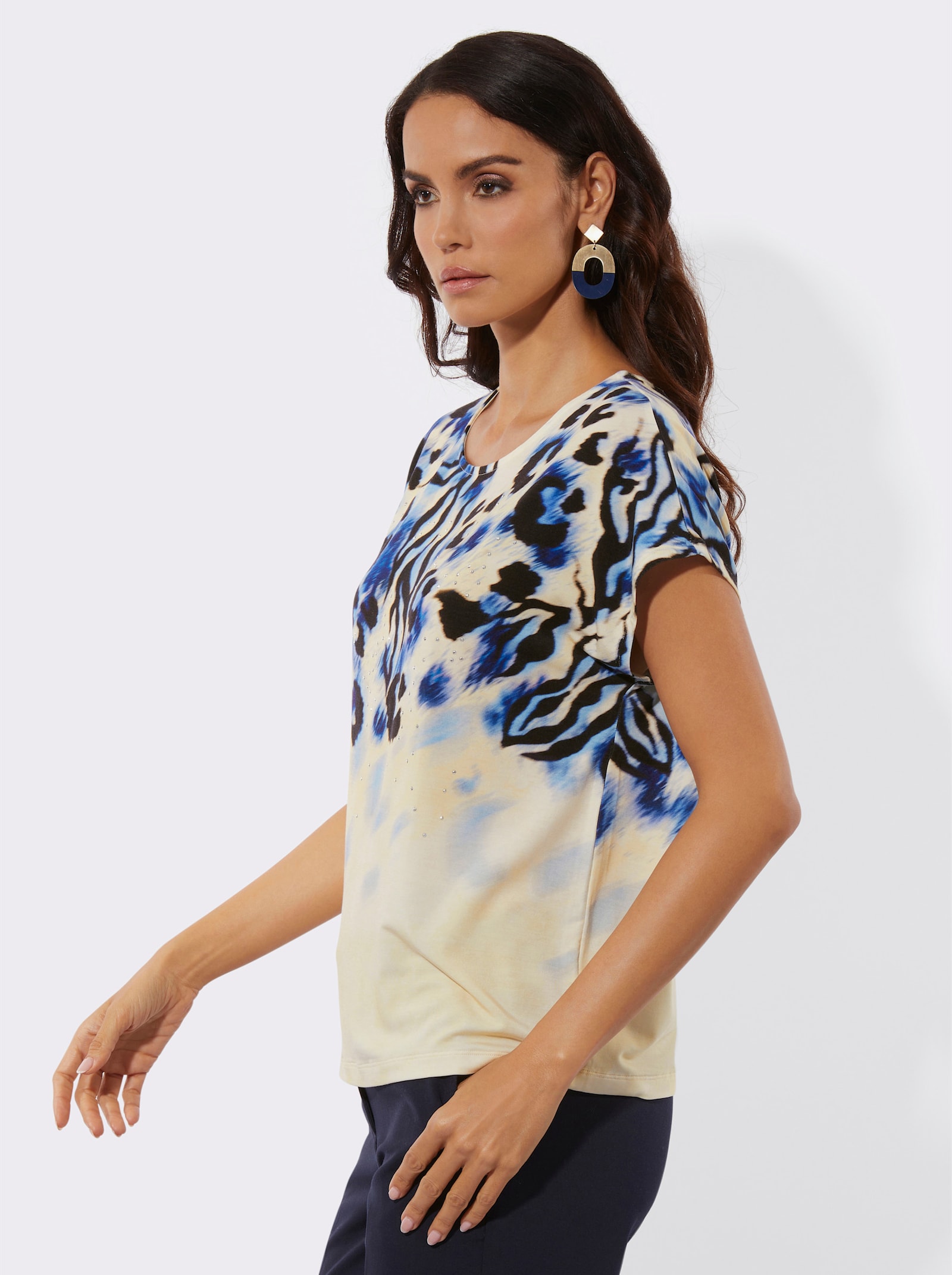 Print-Shirt mit Glitzersteinchen - champagner-eisblau-bedruckt