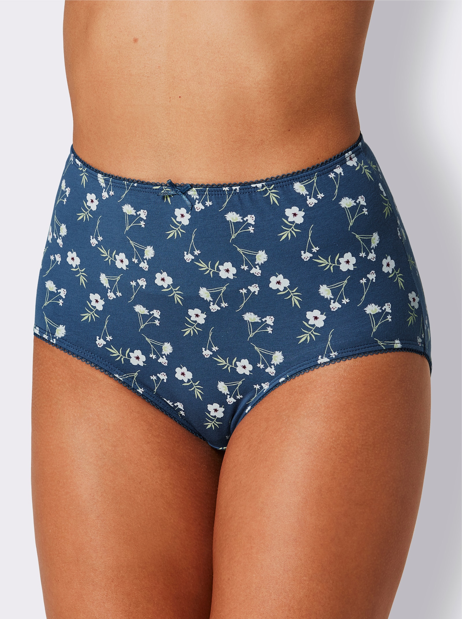 wäschepur Taillenslip mit Mäusezähnchen-Spitze - 2x rauchblau-bedruckt + 1x rauchblau + 1x bordeaux