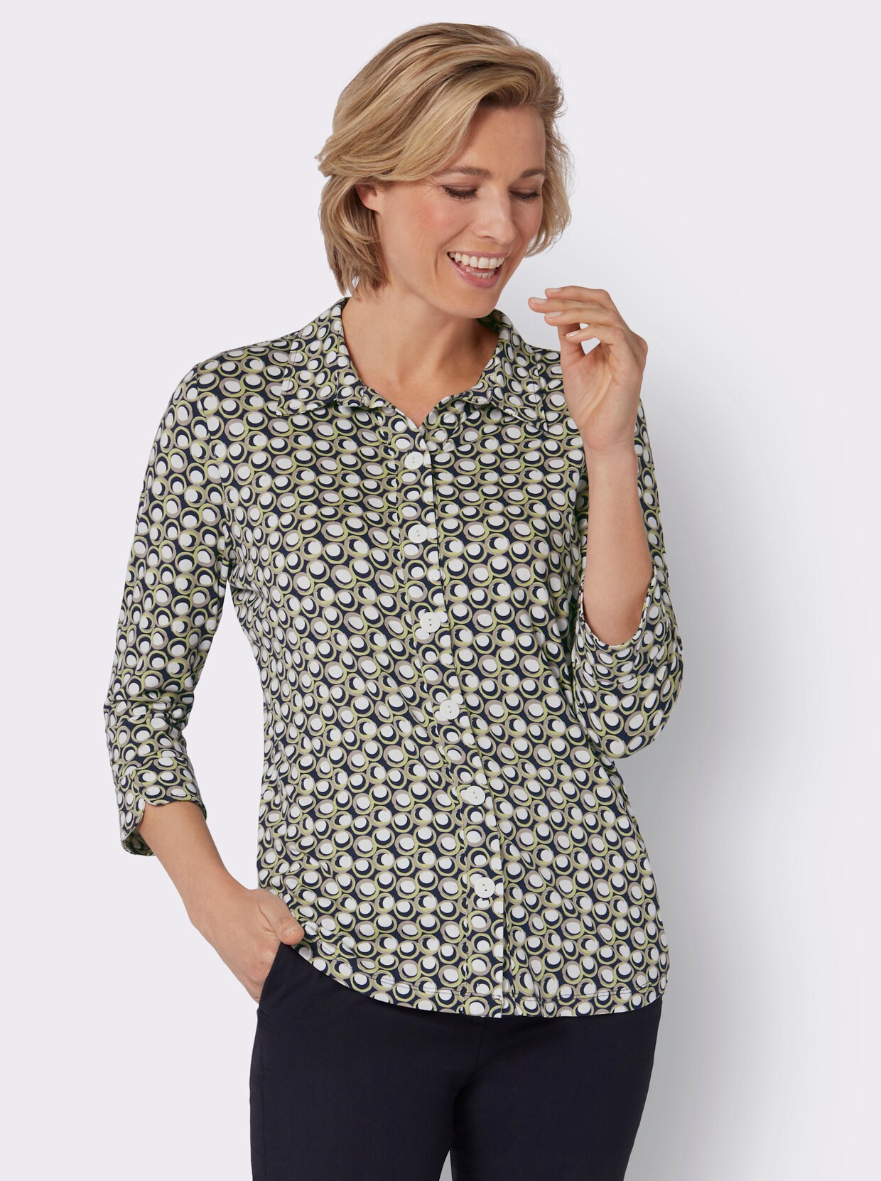 Jerseyblouse - pistazie/marine geprint