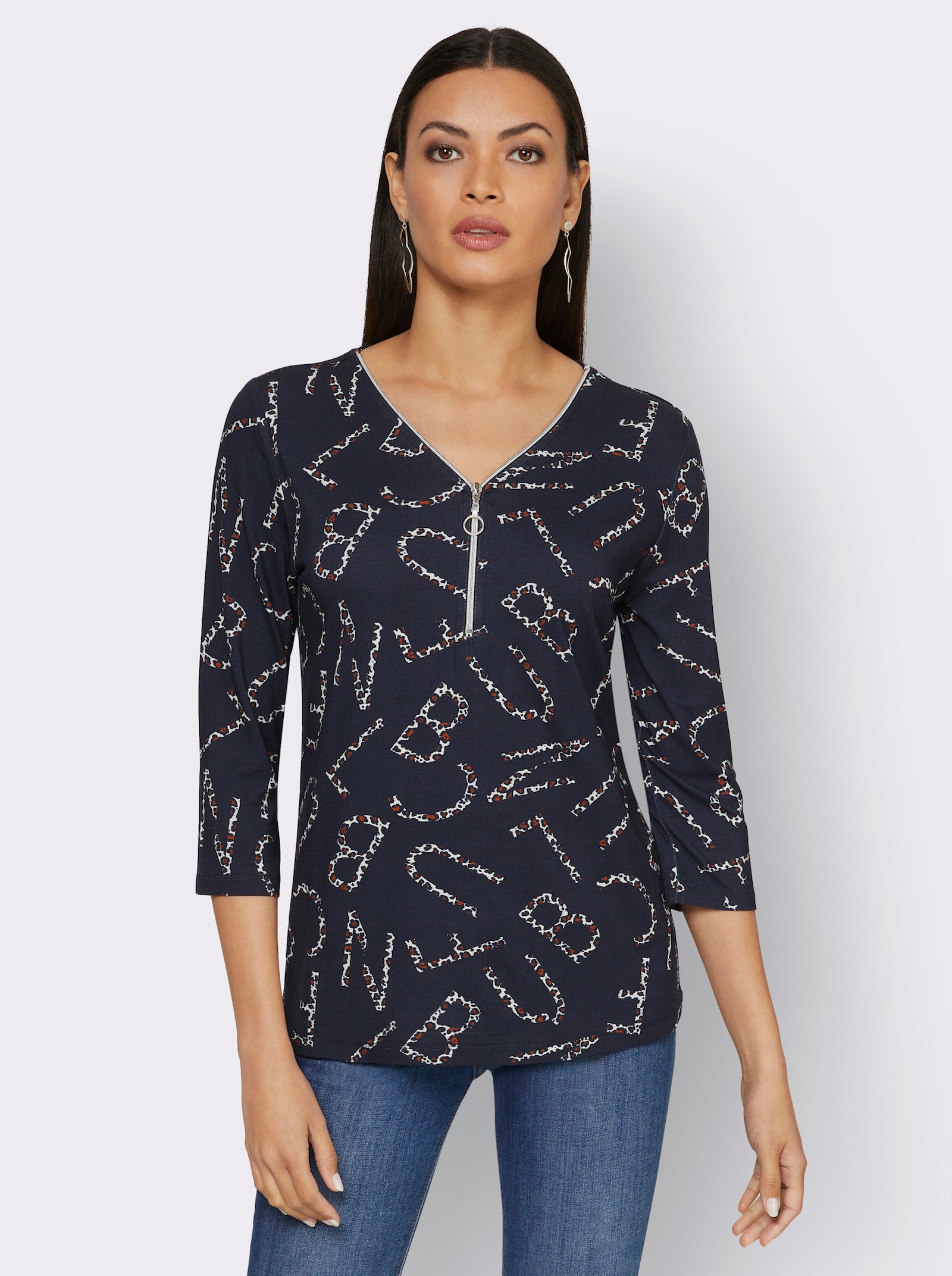 3/4-Arm-Shirt mit Leo-Dessin - marine-cognac-bedruckt