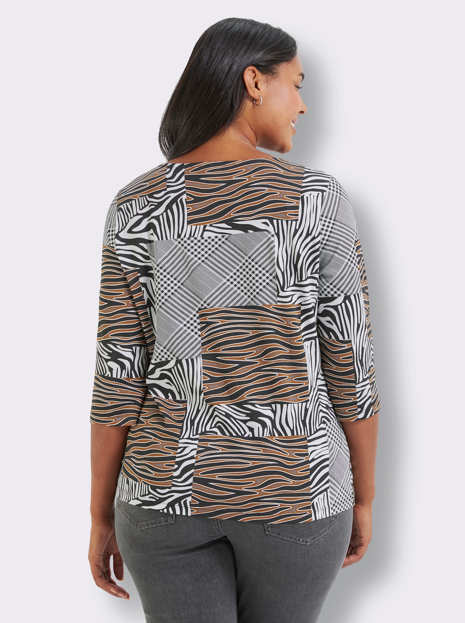 Rundhalsshirt - schwarz-cognac-bedruckt