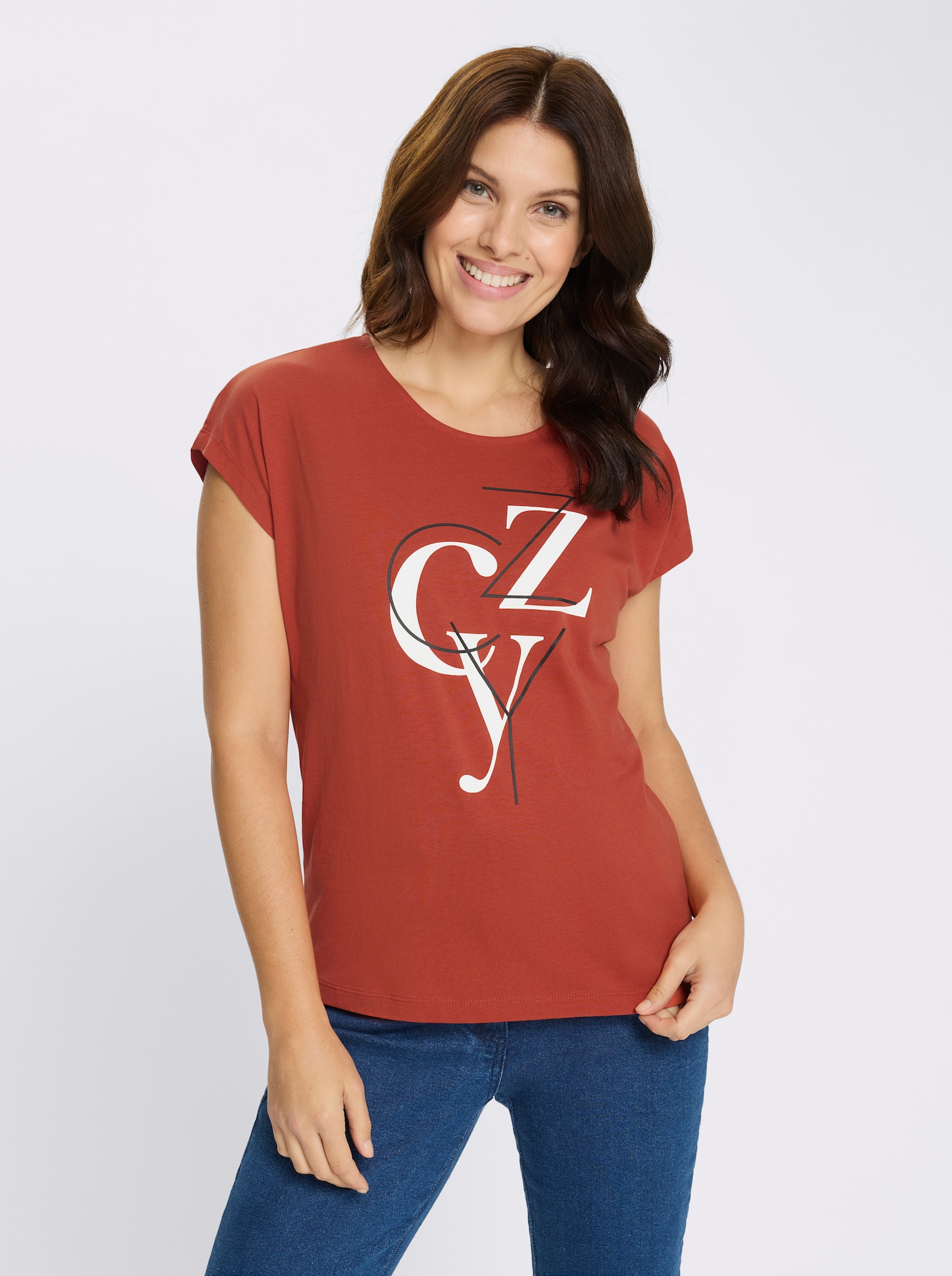 Kurzarmshirt mit Lettering-Print - terra-weiß