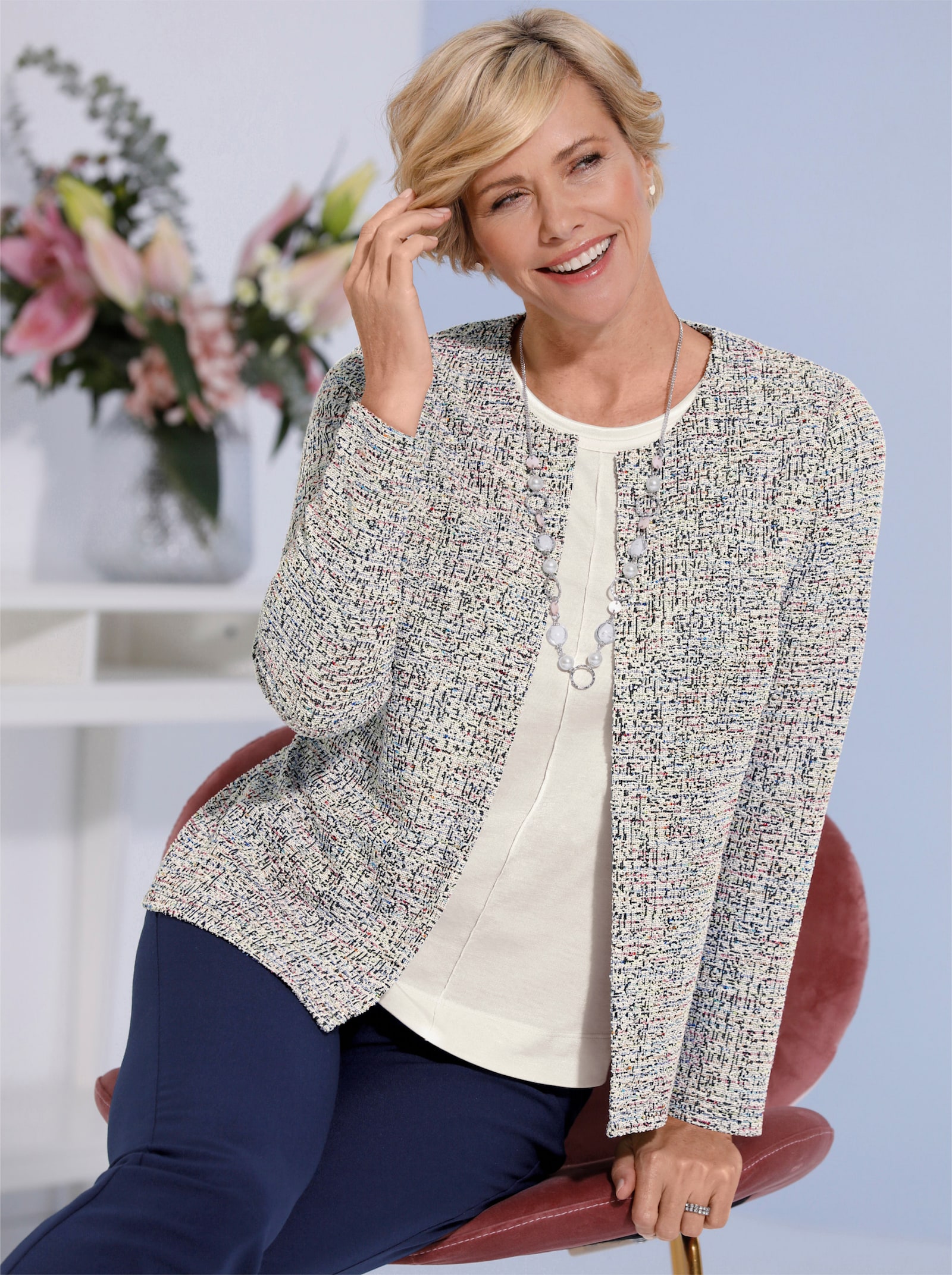 Shirtjasje met boucléstructuur - zwart/roze gemêleerd