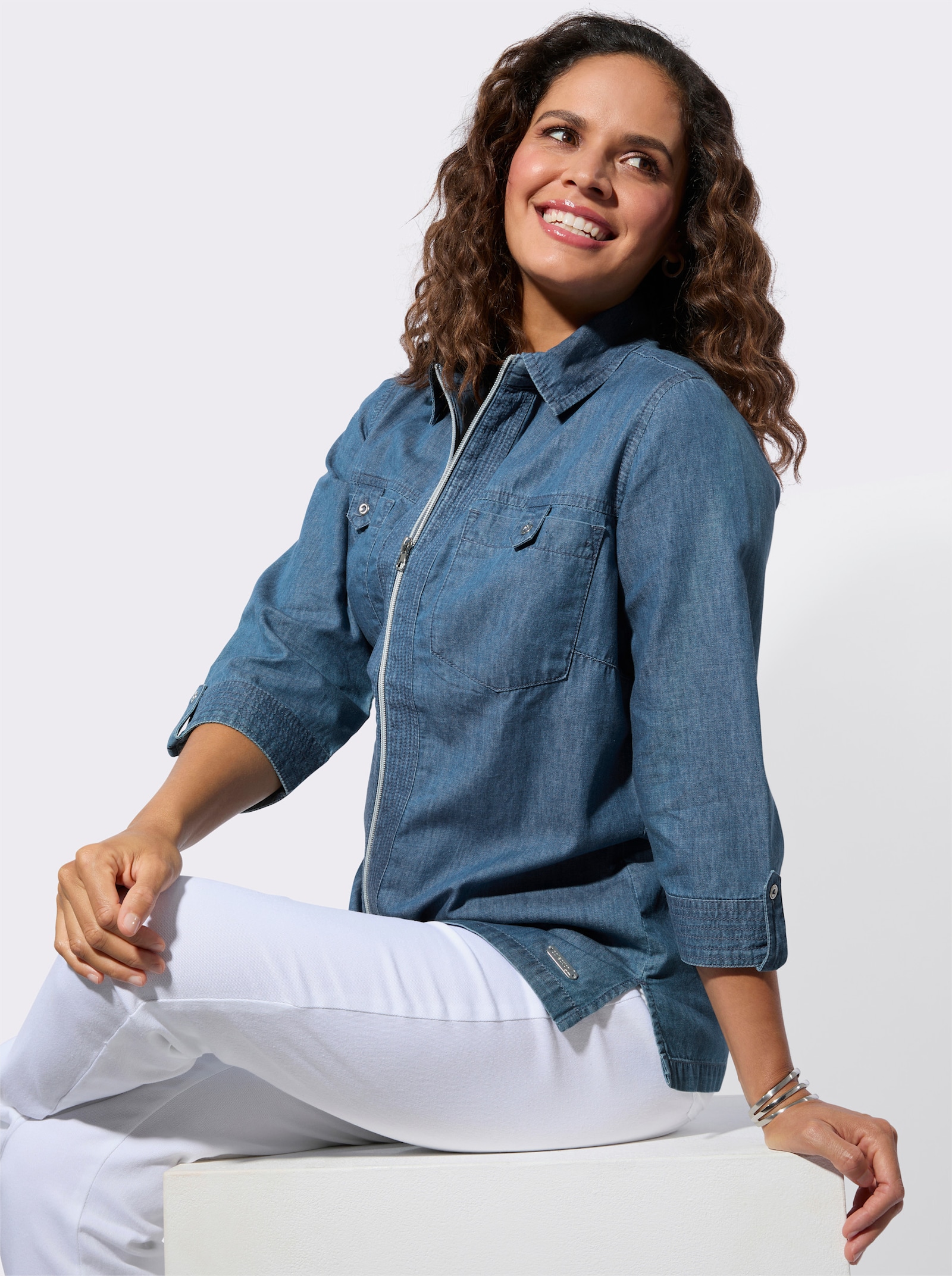 Jeansbluse mit Reissverschluss - blue-bleached