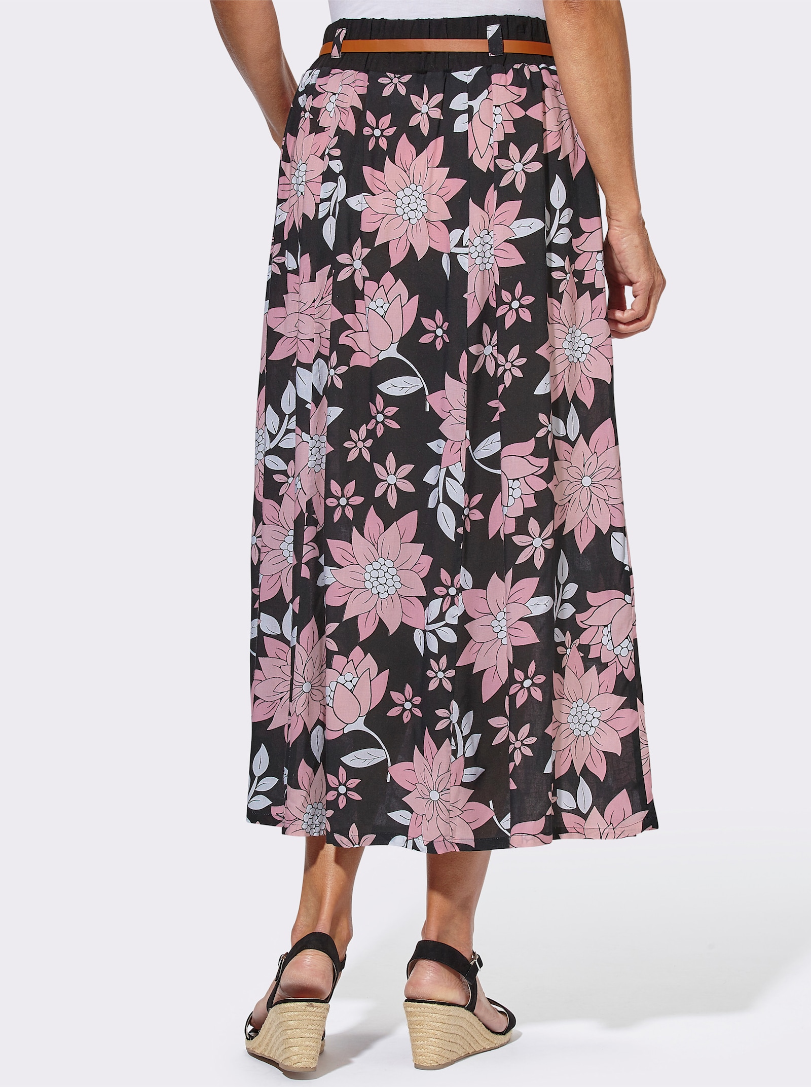 Bahnenrock inklusive Lederoptik-Gürtel - schwarz-gemustert