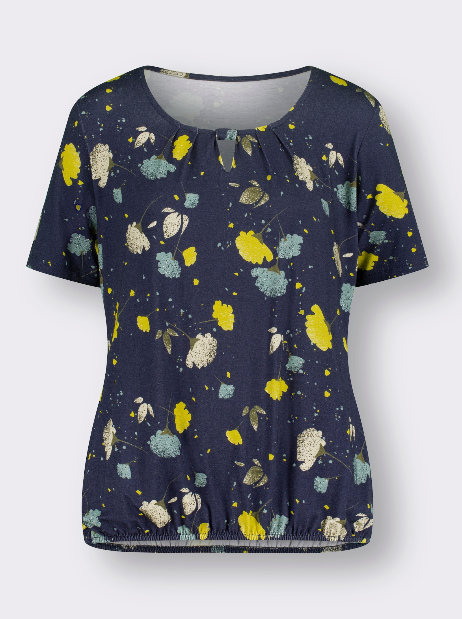 Rundhalsshirt mit elastischem Saum - nachtblau-limone-bedruckt