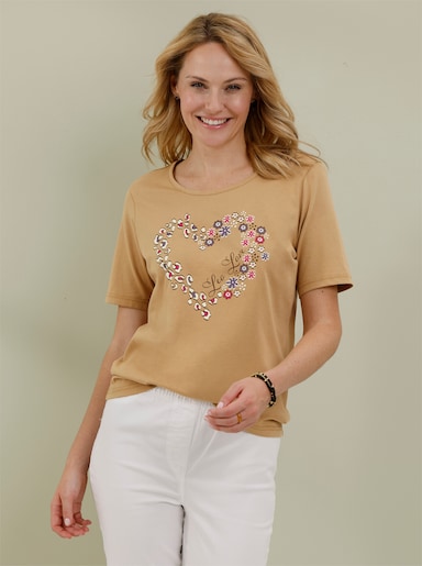 Rundhalsshirt mit Herzprint - camel-braun-bedruckt