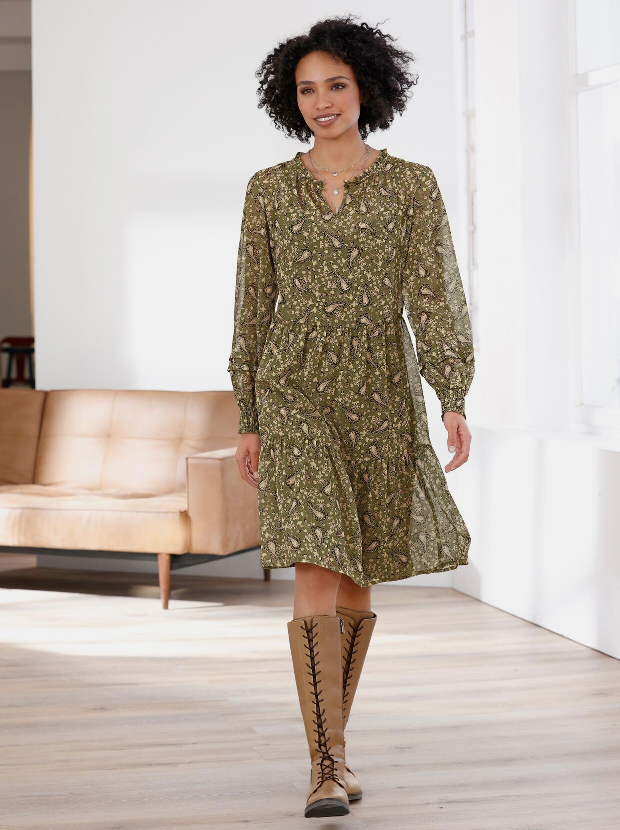 Linea Tesini Druck-Kleid - olive-gelb-bedruckt