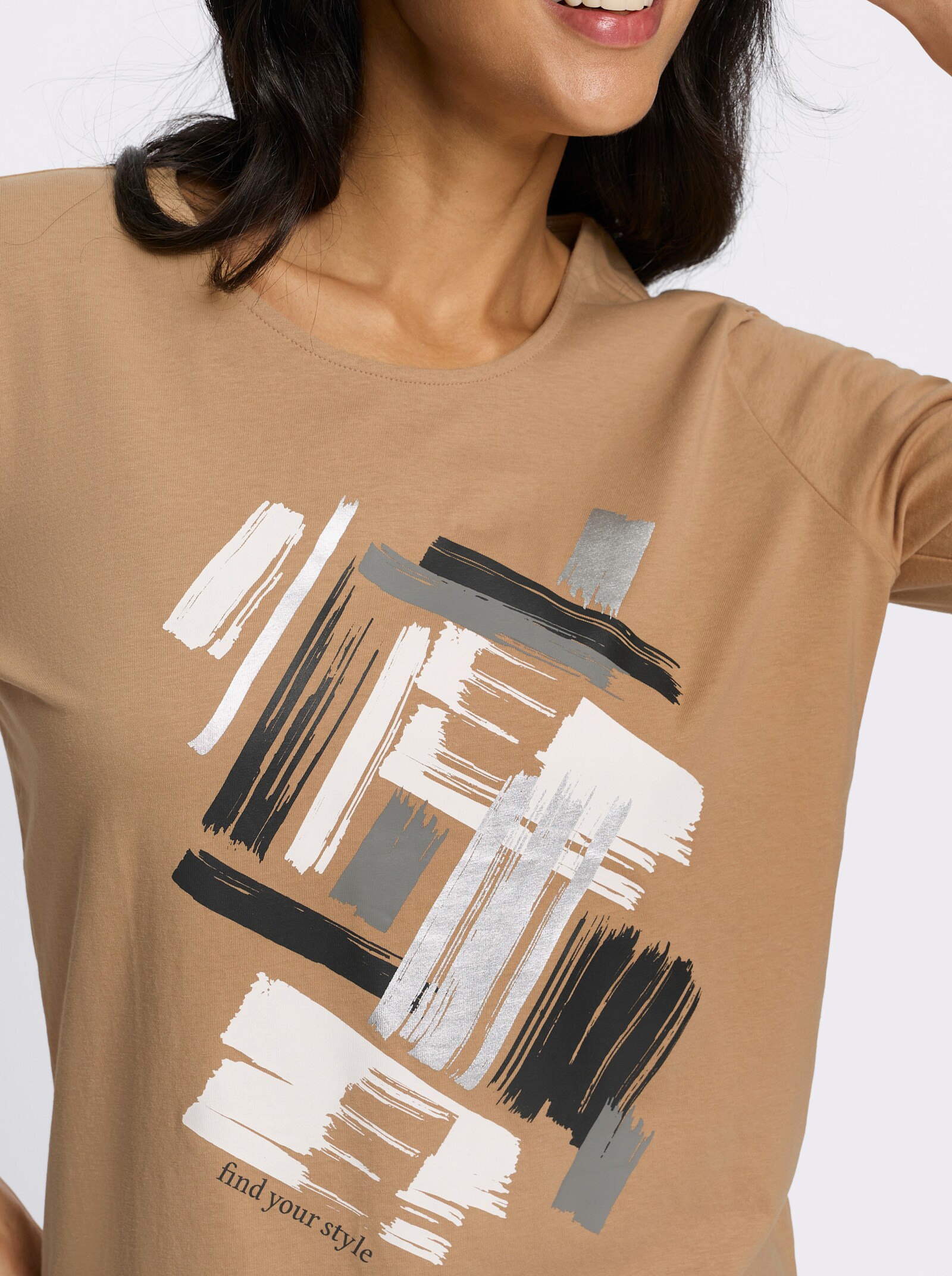 3/4-Arm-Shirt mit glänzendem Druck - camel-ecru