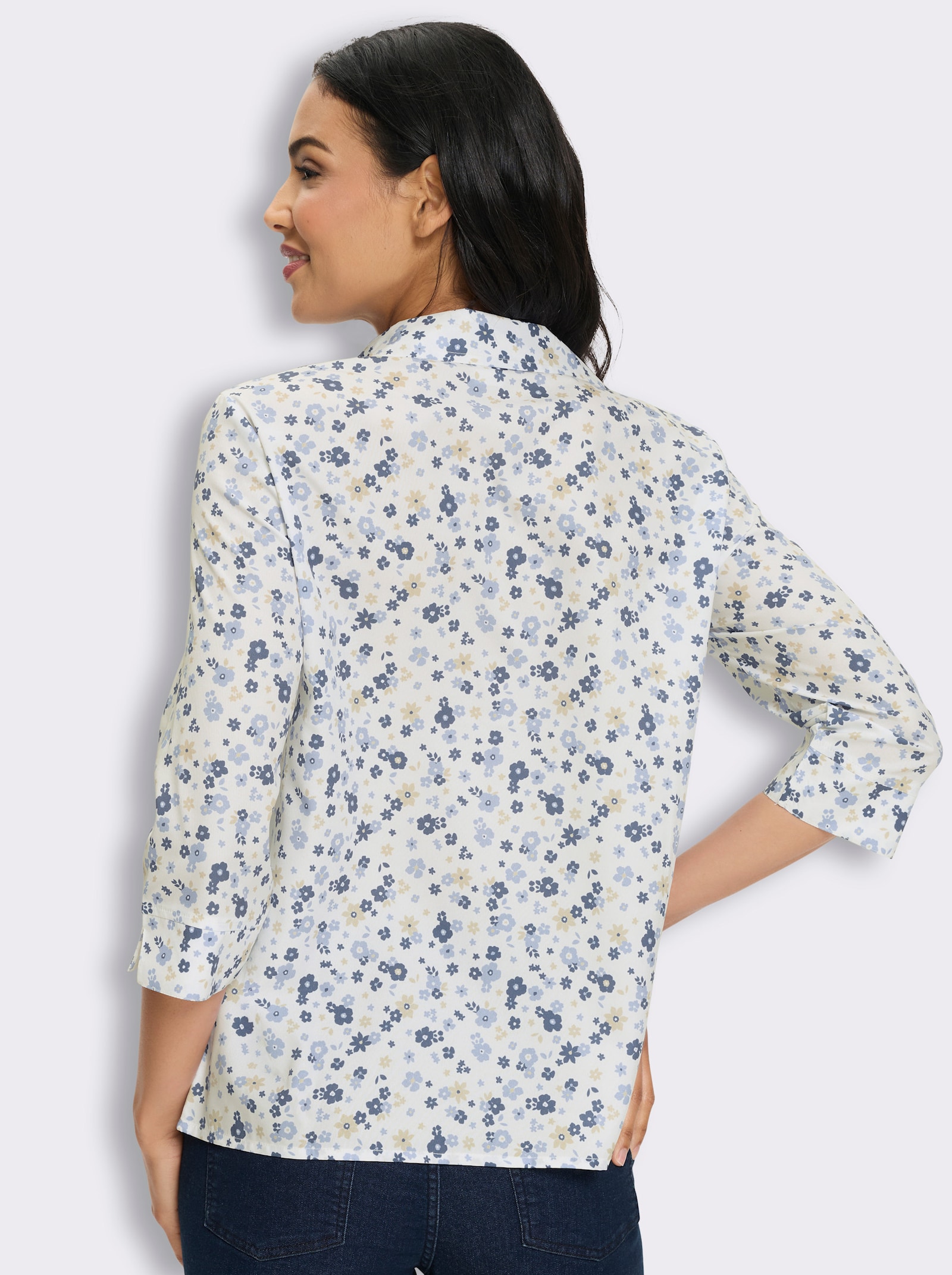 Schlupfbluse mit Millefleurs-Muster - ecru-bleu-bedruckt