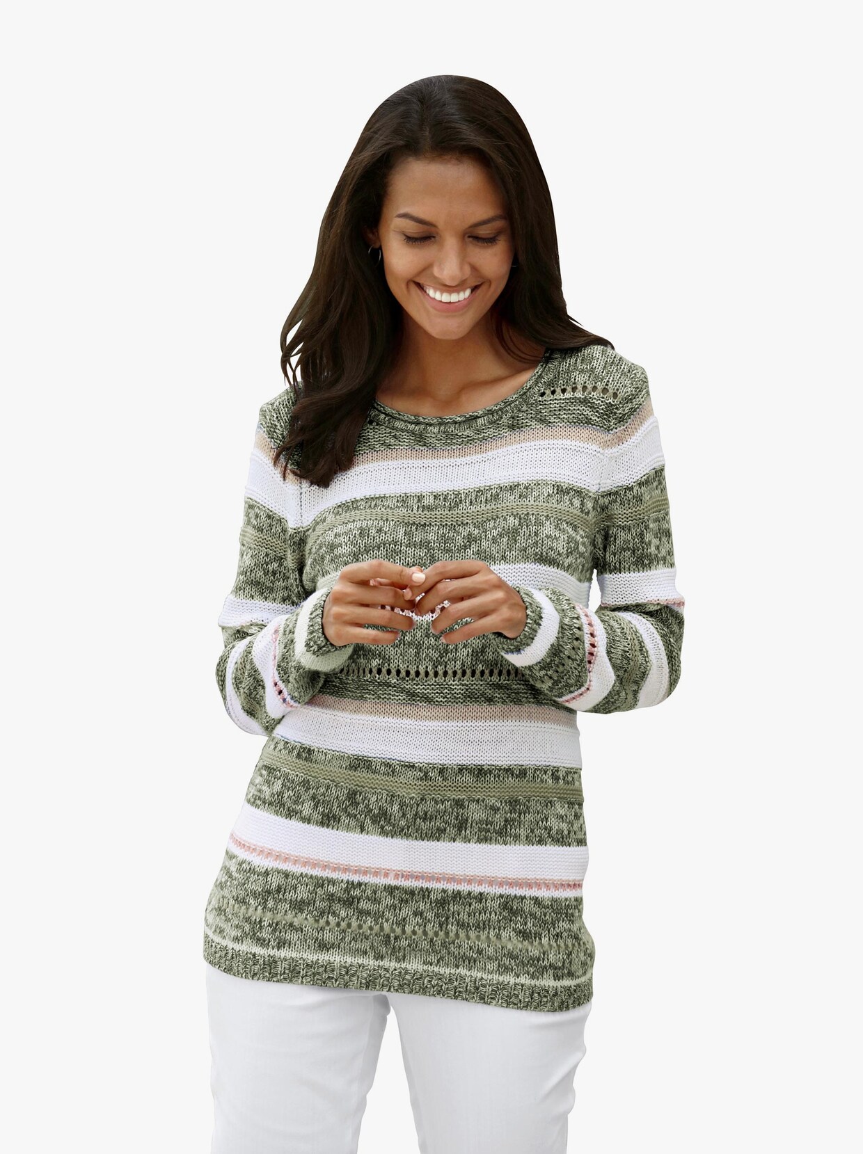 Pletený pulóver - Pruhovanie: zelená – prírodný hodváb