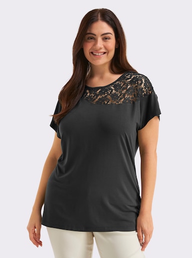 sheego Kurzarmshirt mit floraler Spitze - schwarz