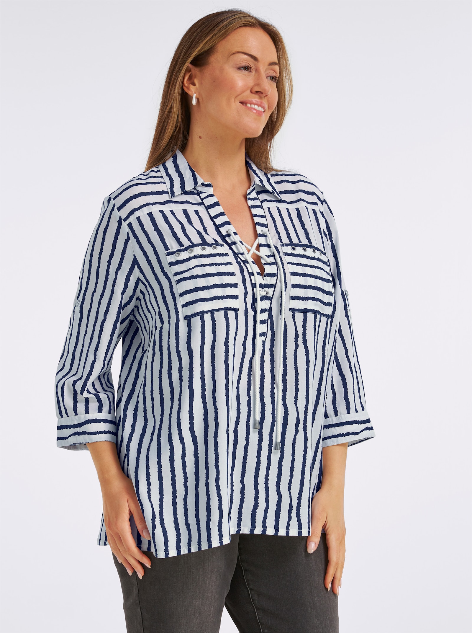 Gestreifte Bluse mit Schnürung am Ausschnitt - marine-weiß-gestreift