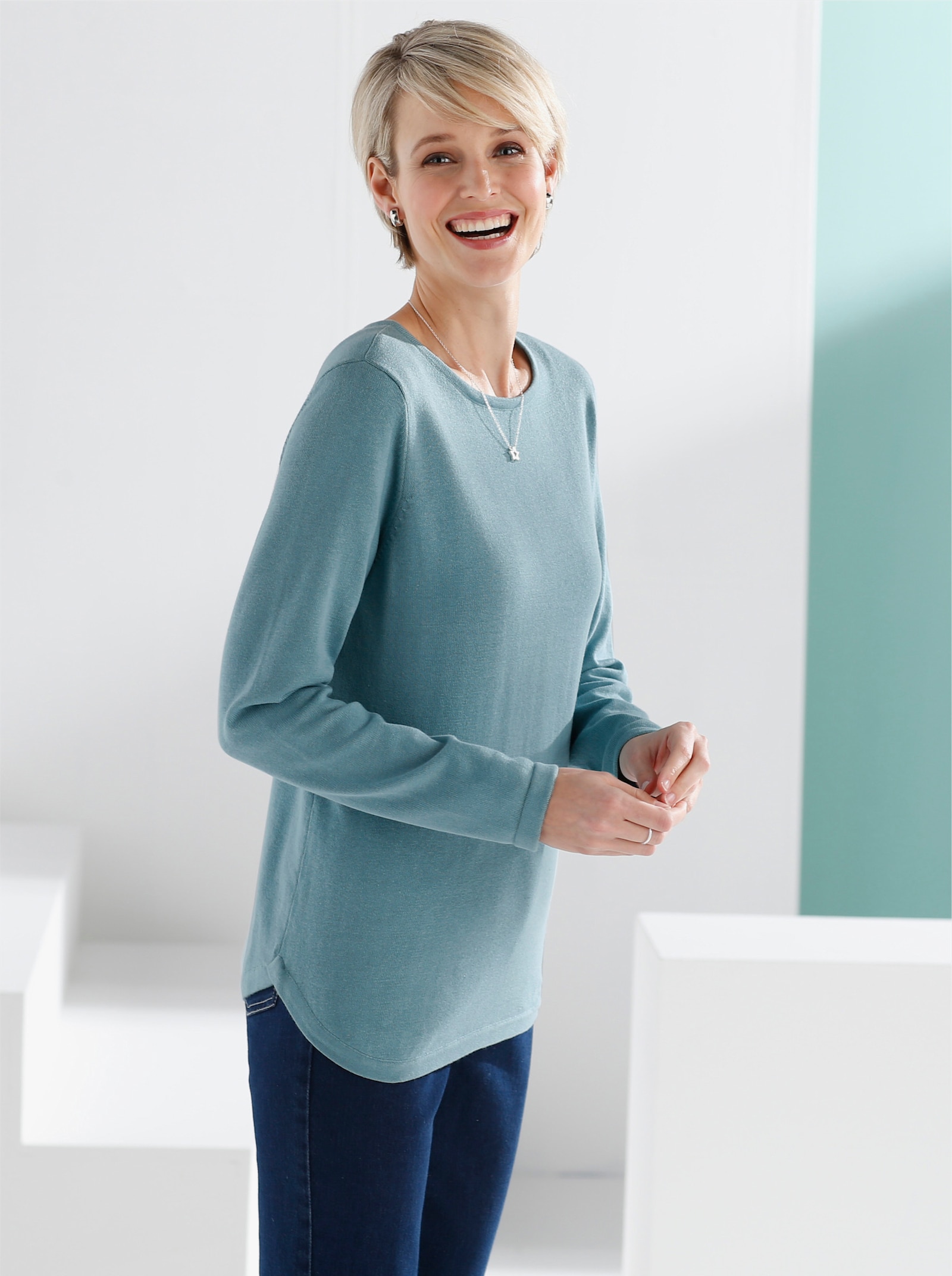 Katoenen pullover met overlappende zoom - aqua