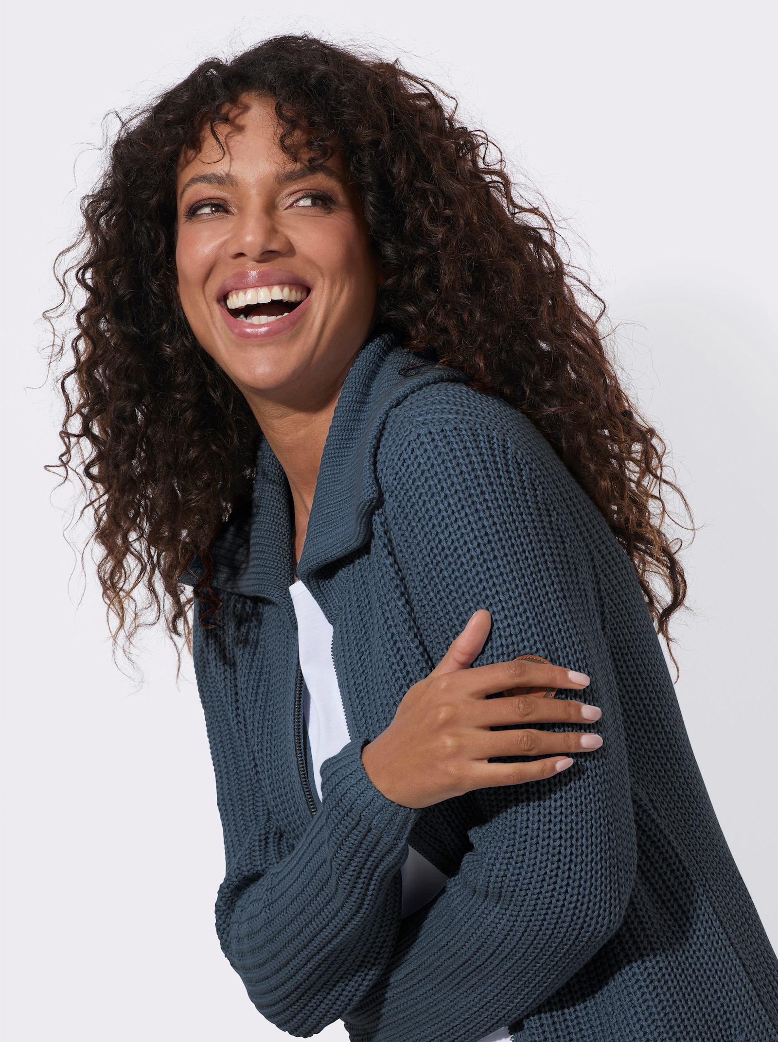 Longstrickjacke mit Umlegekragen - rauchblau