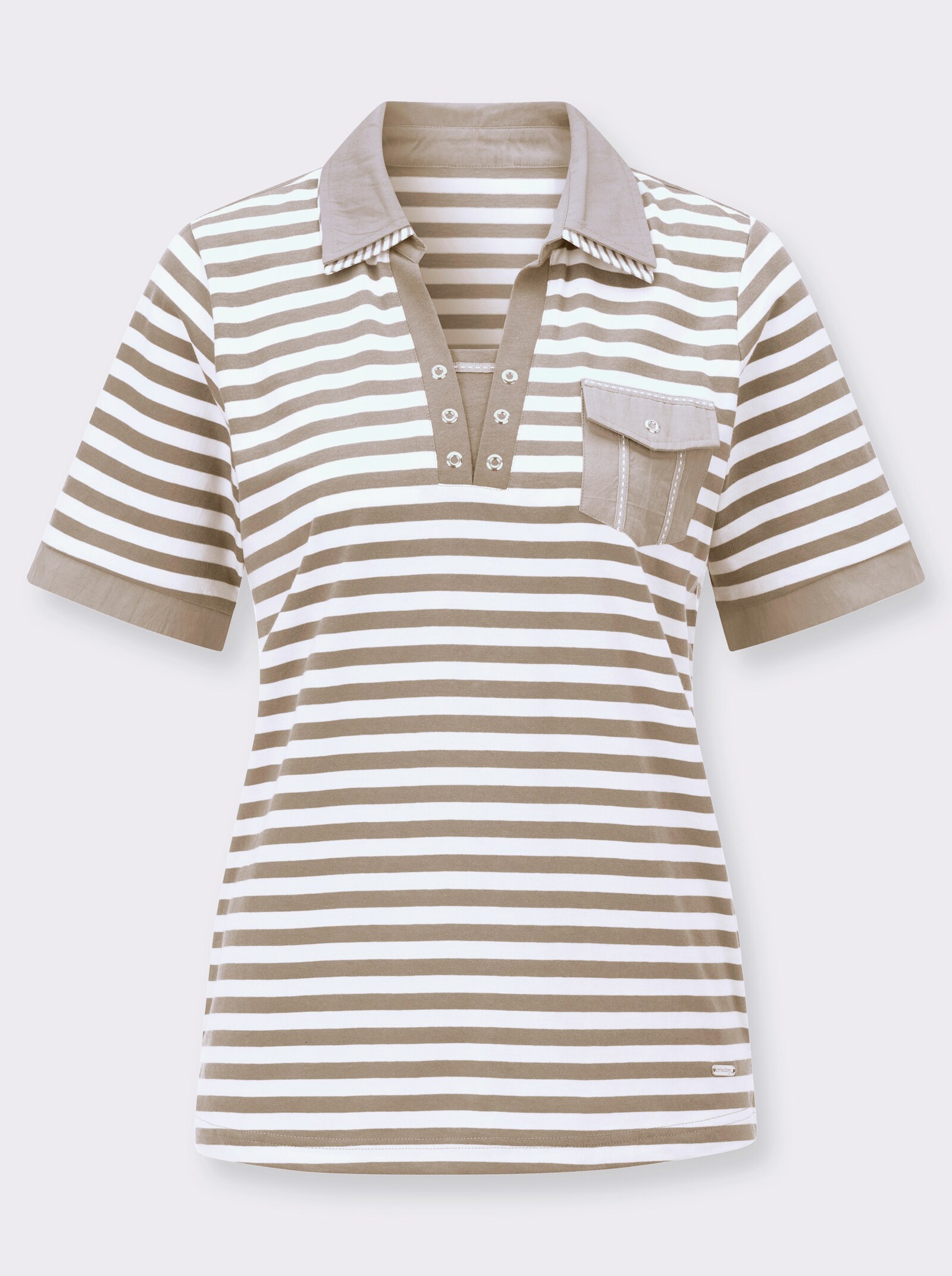 Poloshirt mit Ösen-Verzierung - sesam-weiss-geringelt