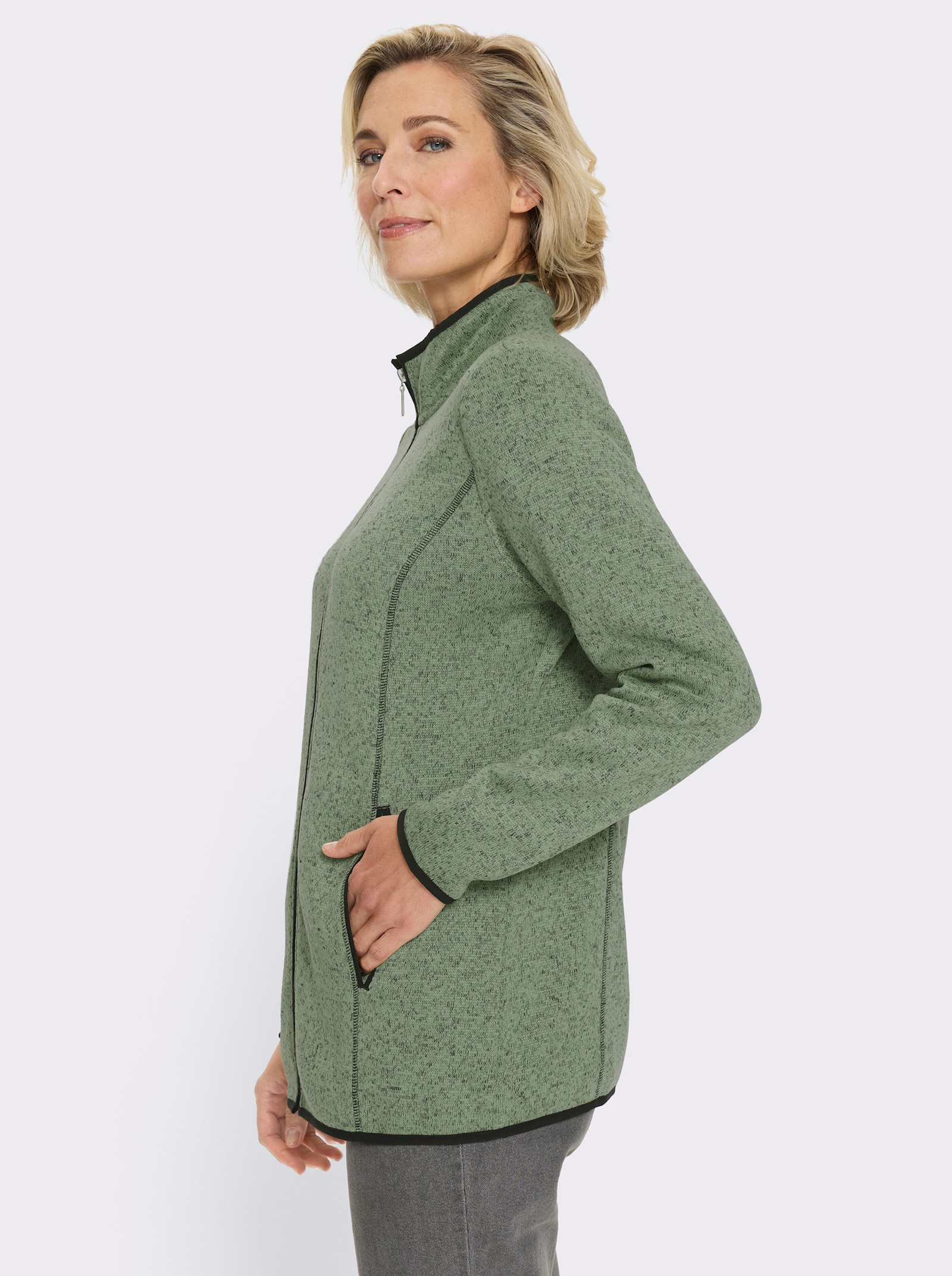 Gebreid fleecejack met elastische boorden met paspel - eucalyptus/zwart gedessineerd