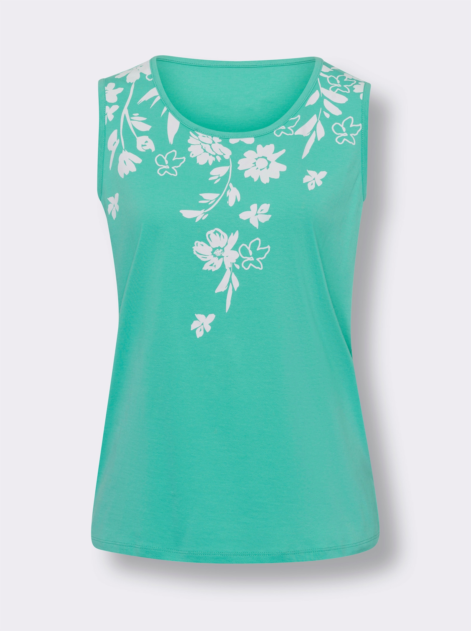 Shirttop mit platziertem Blüten-Druck - blaugrün-weiss