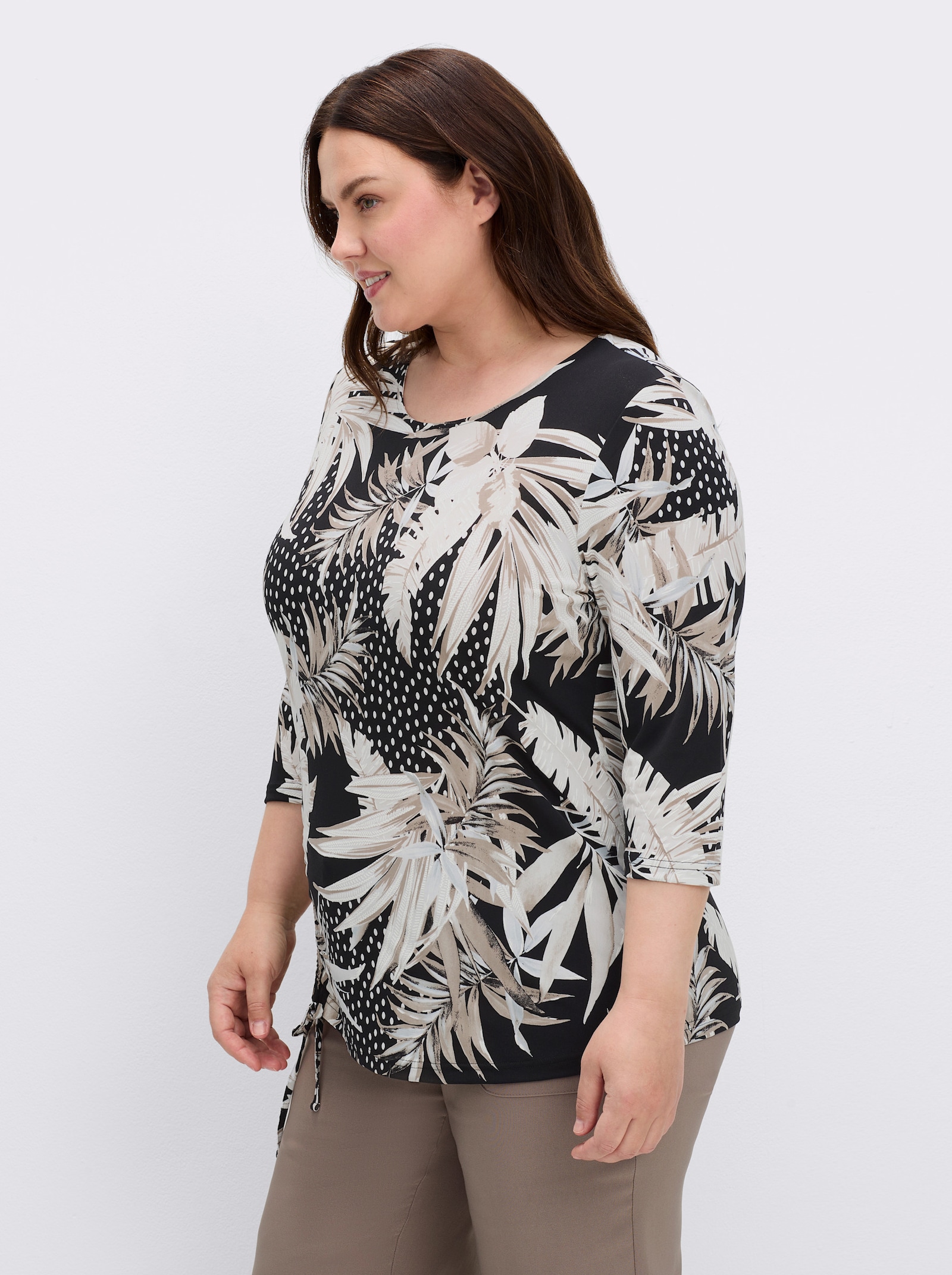 Print-Shirt mit raffbarem Tunnelzug - schwarz-sesam-bedruckt