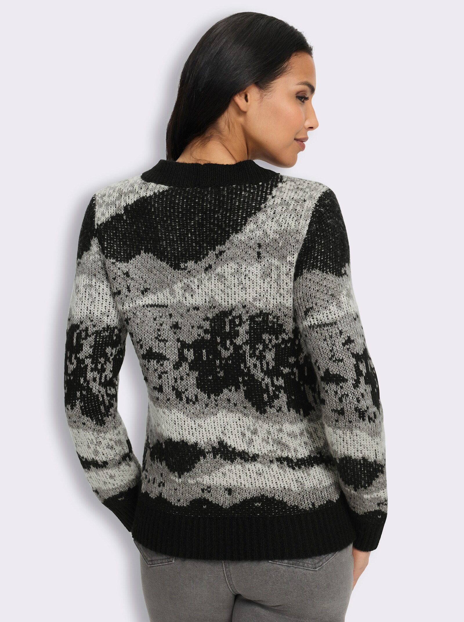 Jacquardpullover in flauschiger Qualität - schwarz-ecru-gemustert