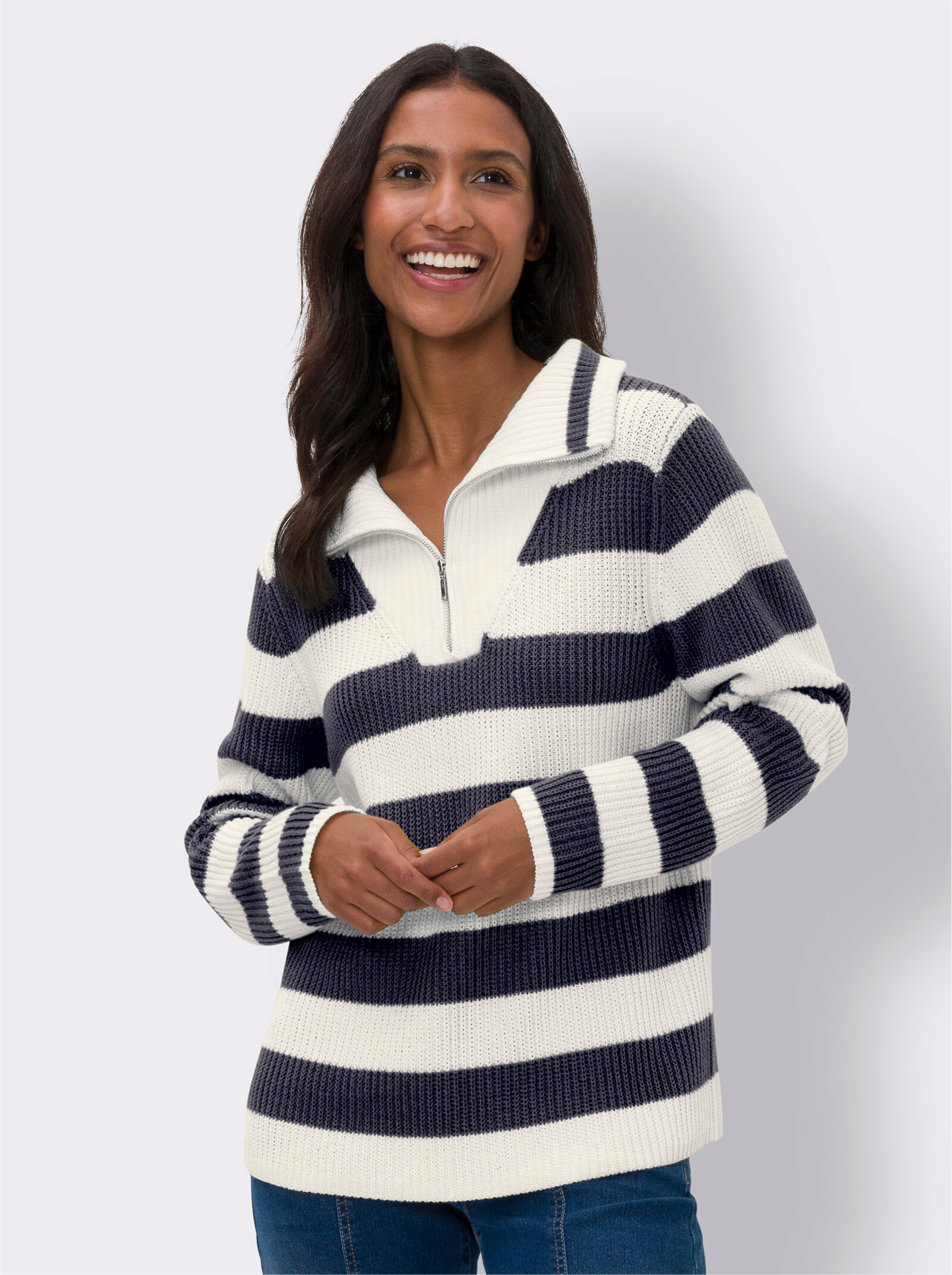 heine Troyer in Rippstrick-Qualität - marine-ecru-geringelt