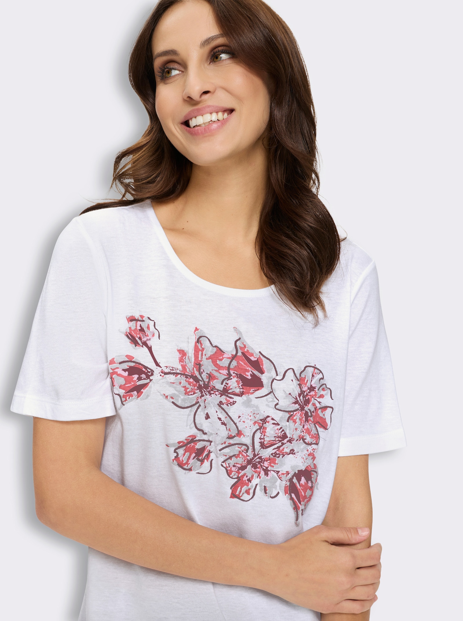 Kurzarmshirt im Modal-Mix - ecru-koralle-bedruckt