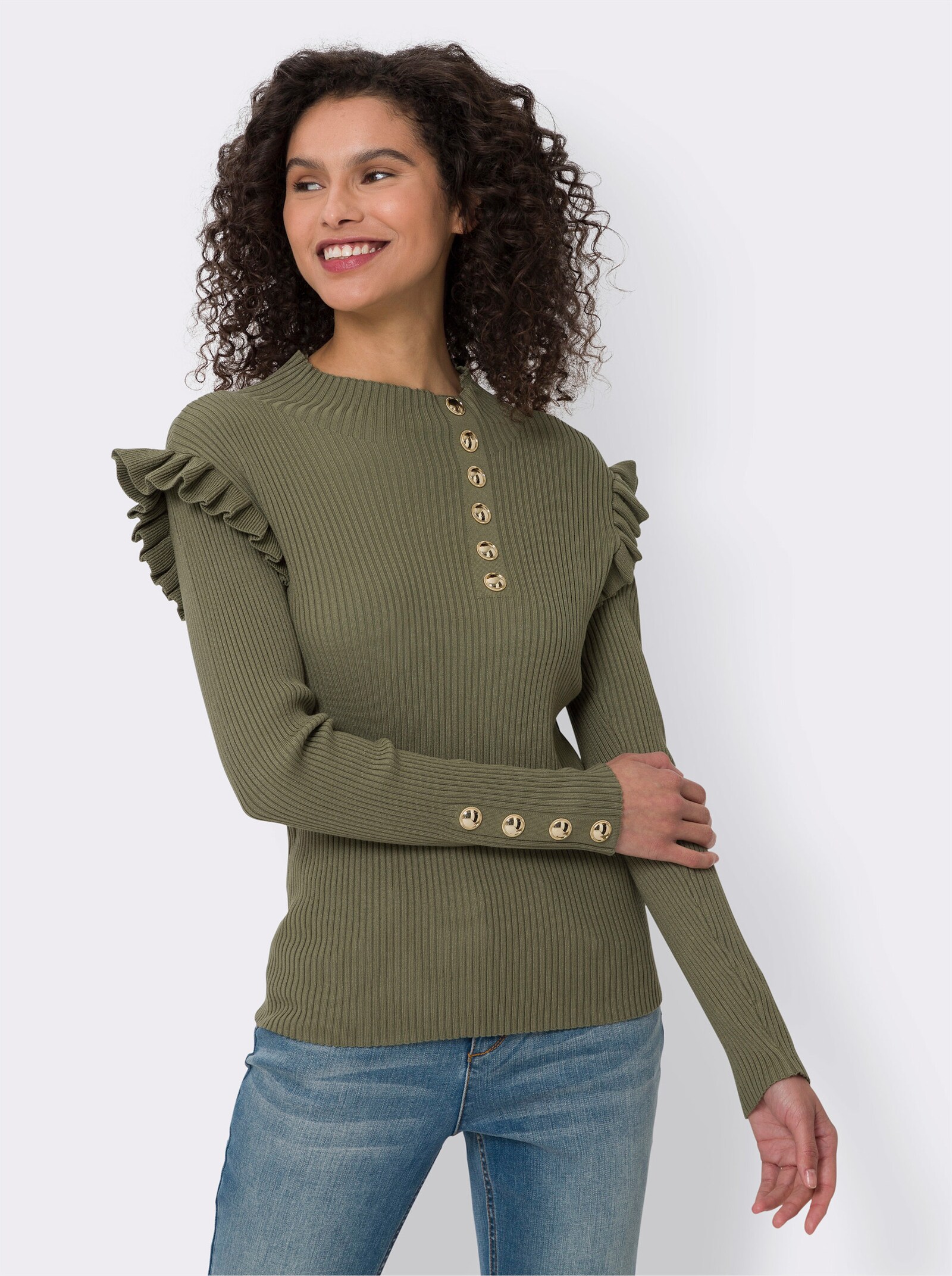 heine Stehkragenpullover mit Rüschen an der Schulter - khaki