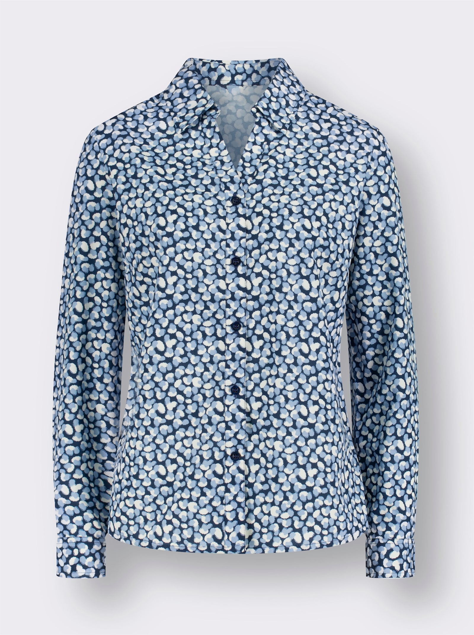 Blouse met lange mouwen en open overhemdkraag - donkerblauw/wit bedrukt