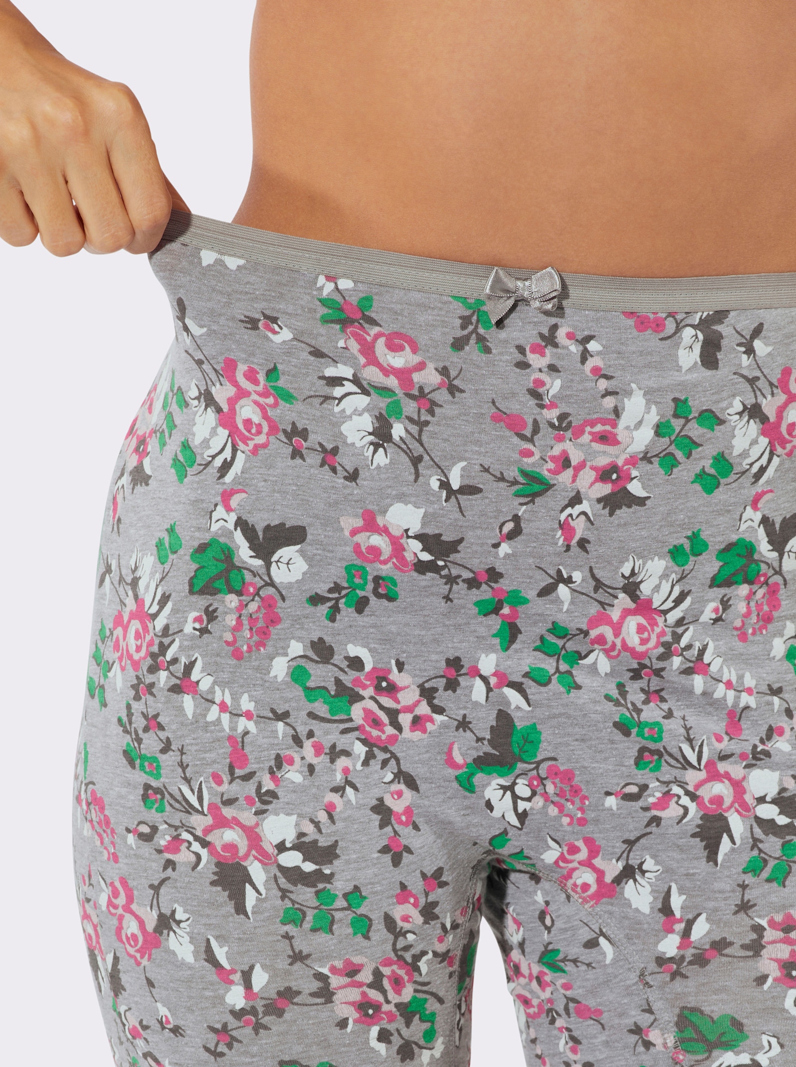 Longpanty mit Zierschleifchen - grau-meliert-bedruckt + grau-meliert + altrosa