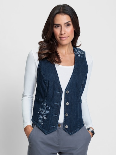 Jeansweste mit Blütenstickerei - blue-stone-washed
