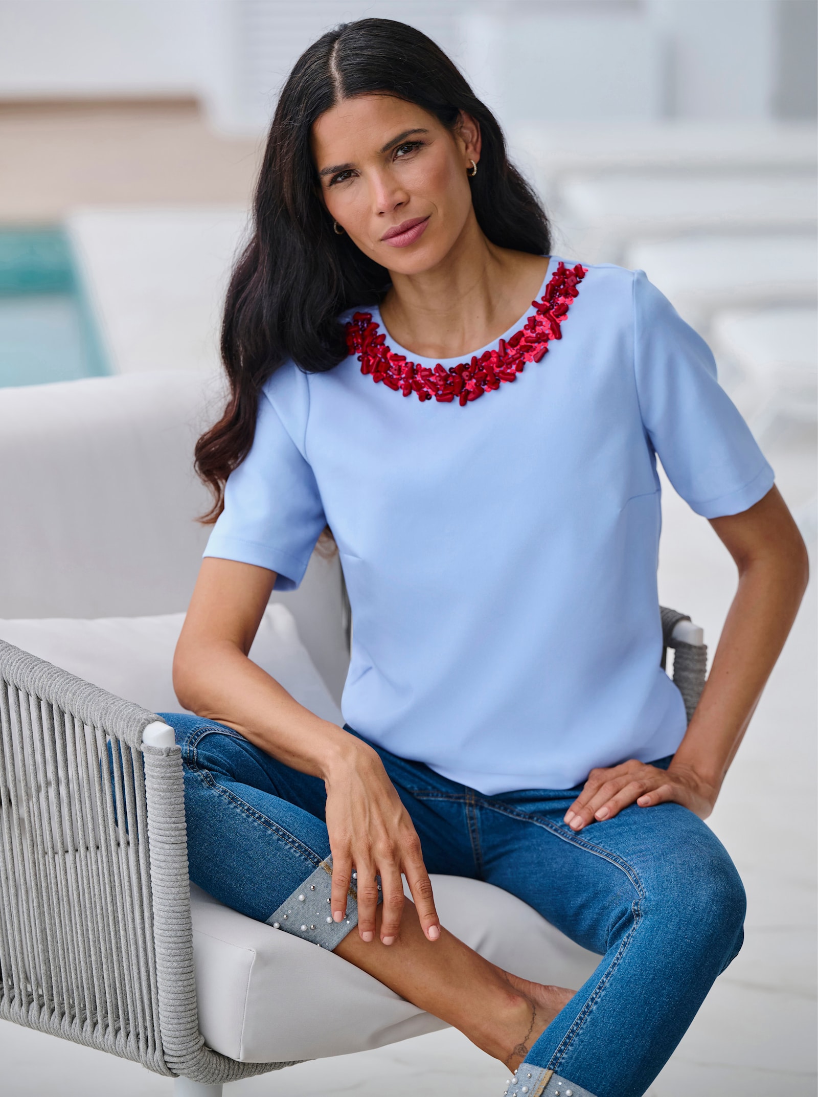 heine Kurzarm-Bluse in Koffer-Qualität - eisblau