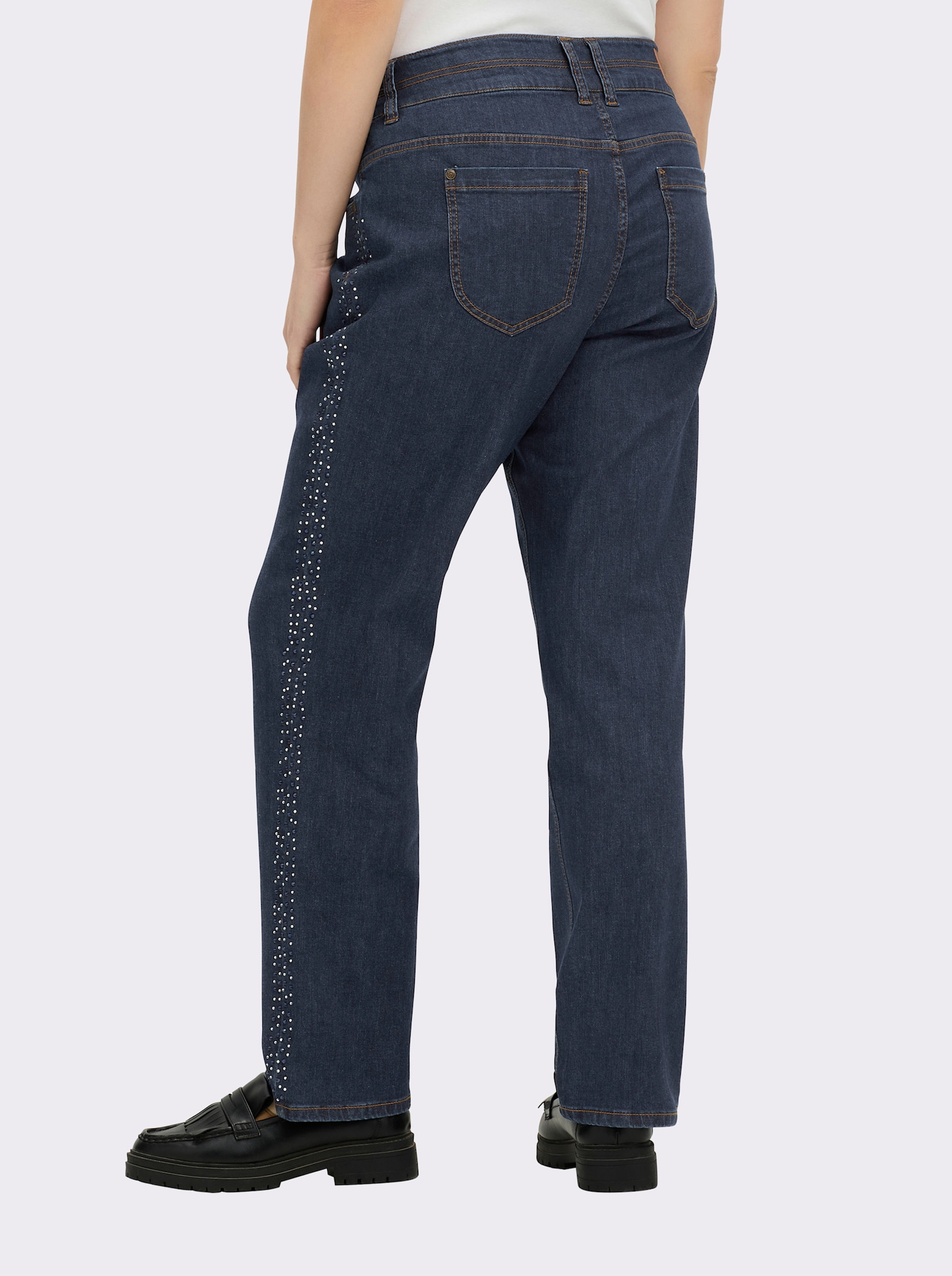 sheego Gerade Jeans mit Glitzersteinchen seitlich - dark blue