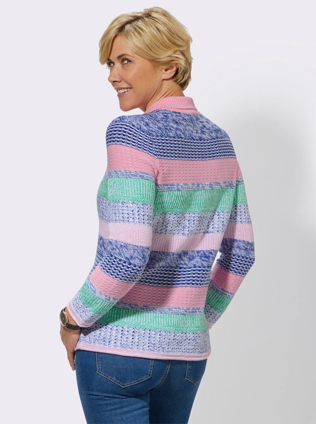 Polopullover - rosé-blau-gemustert