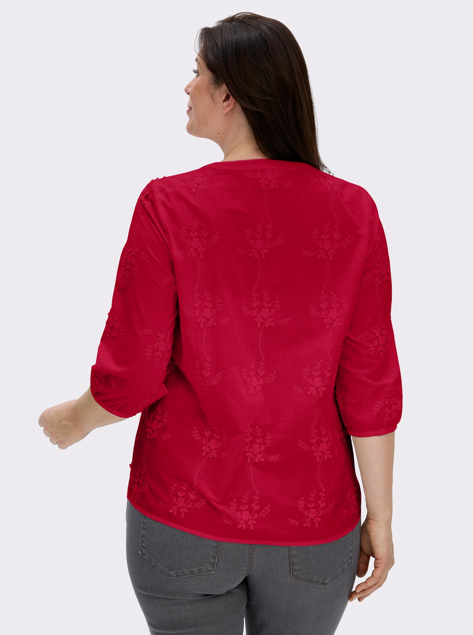 Baumwollbluse mit 3D-Blütenstickerei - erdbeere