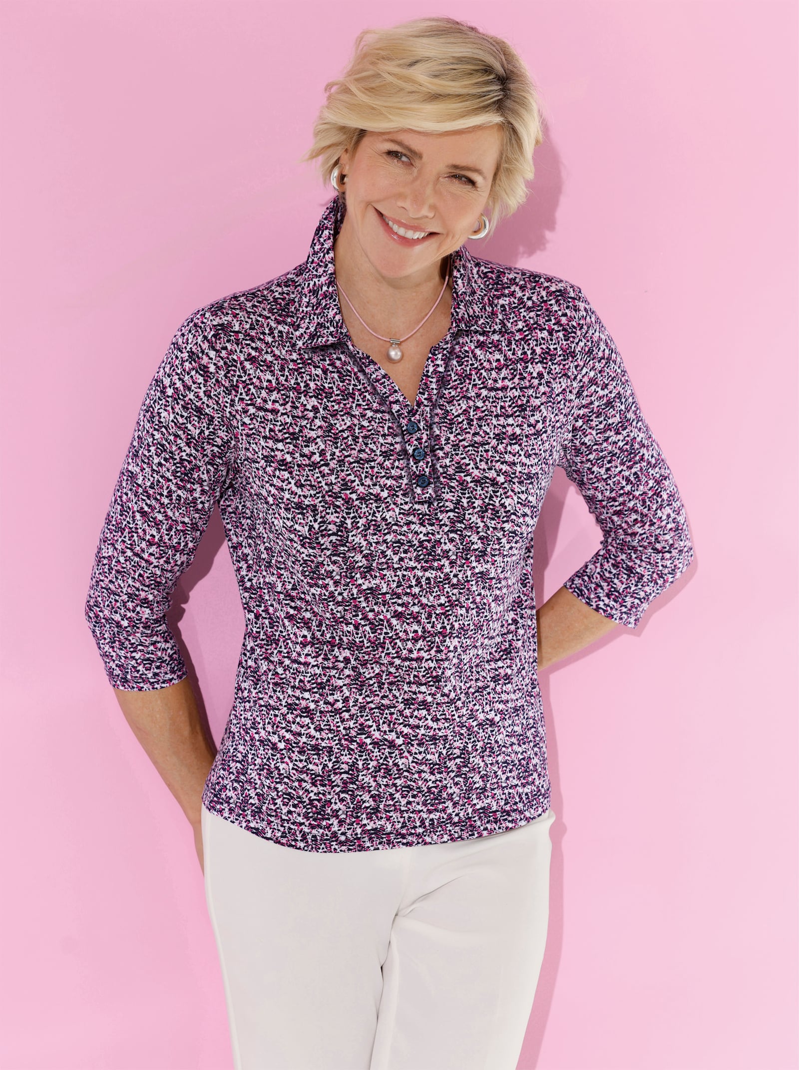Poloshirt in Viskose-Qualität - marine-magenta-bedruckt