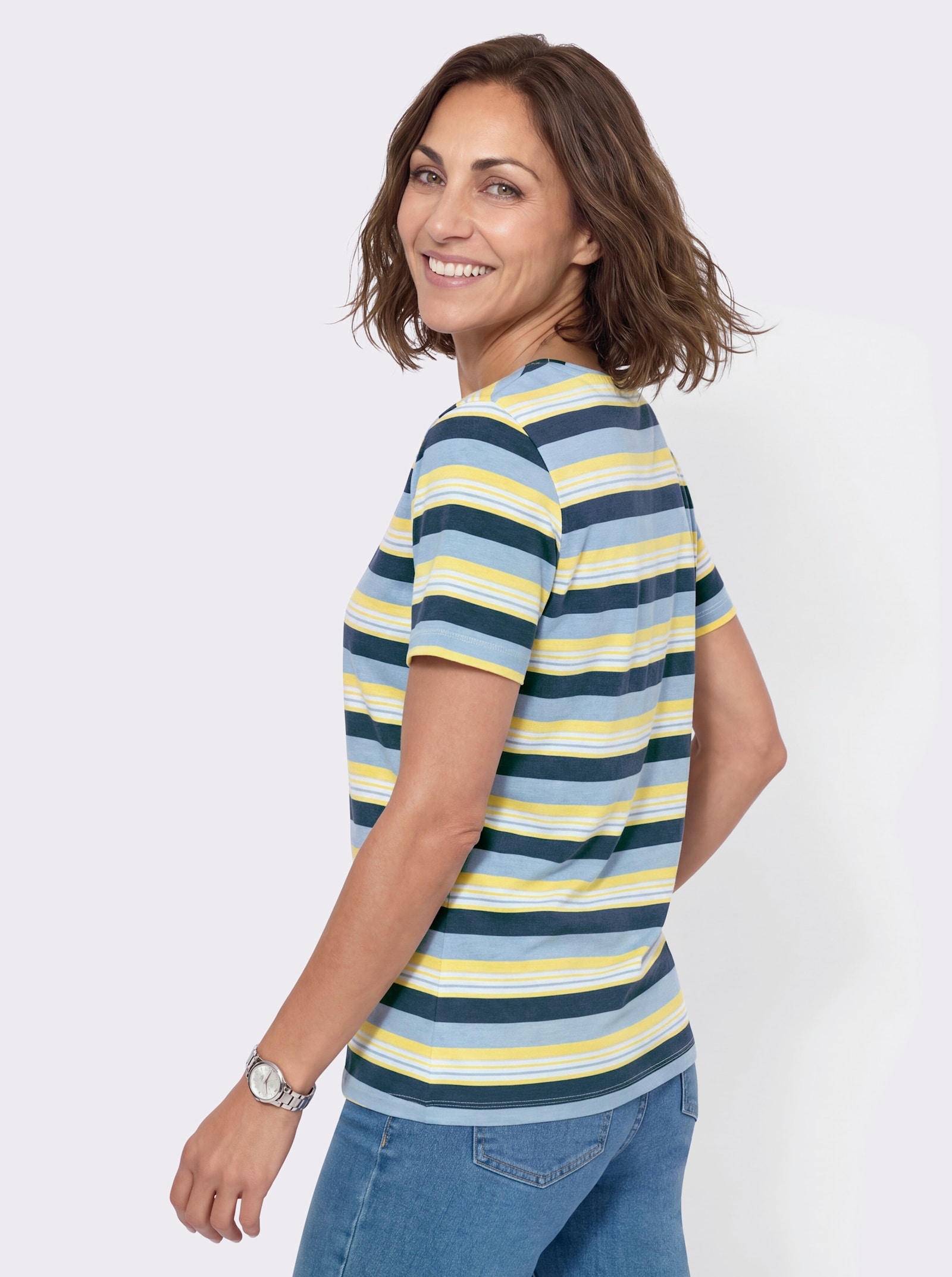 Ringelshirt mit Rundhals-Ausschnitt - dunkelblau-zitrone-gestreift