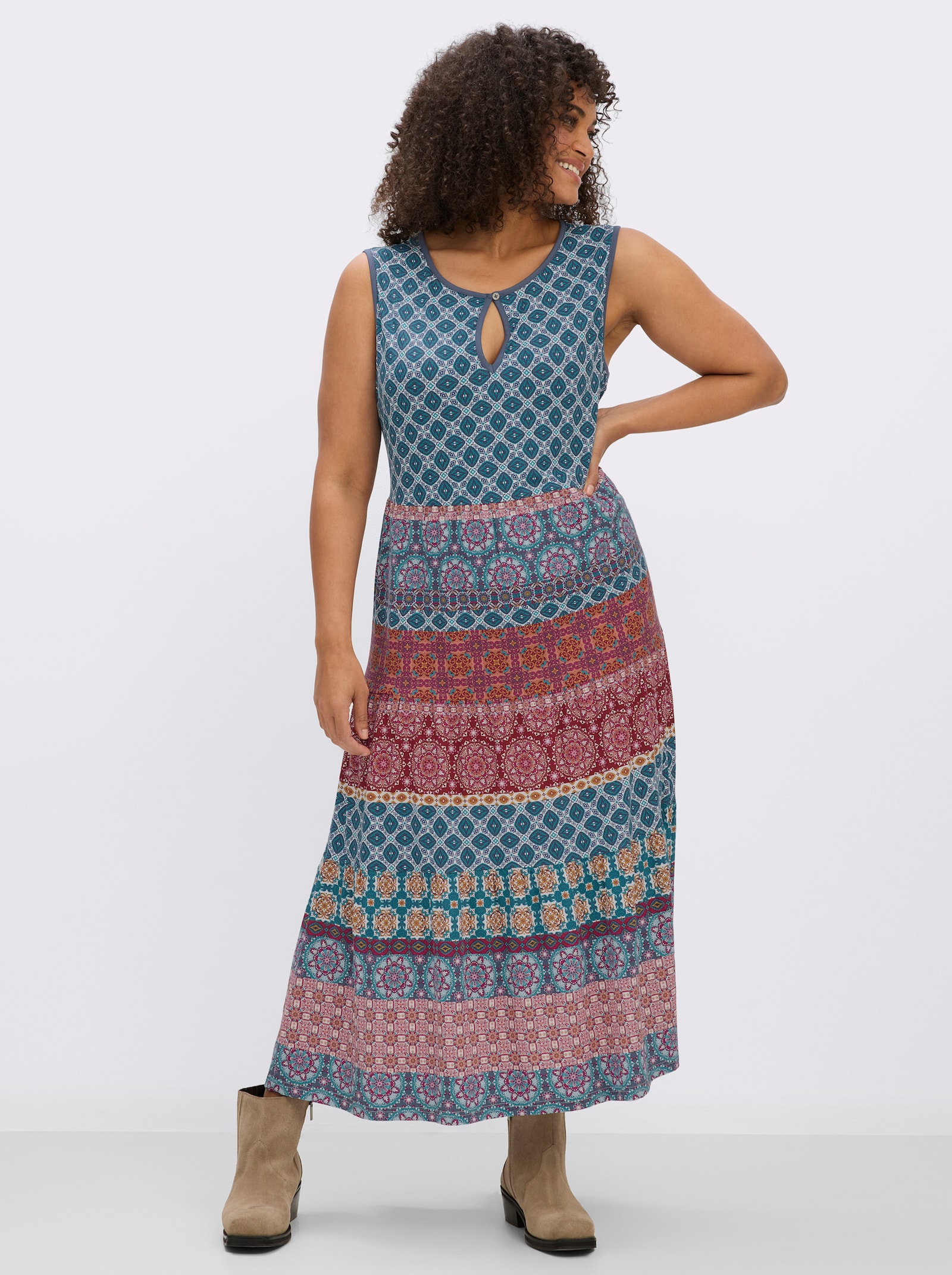 Stufenkleid mit Ornament-Druck - jeansblau-kirsche-bedruckt