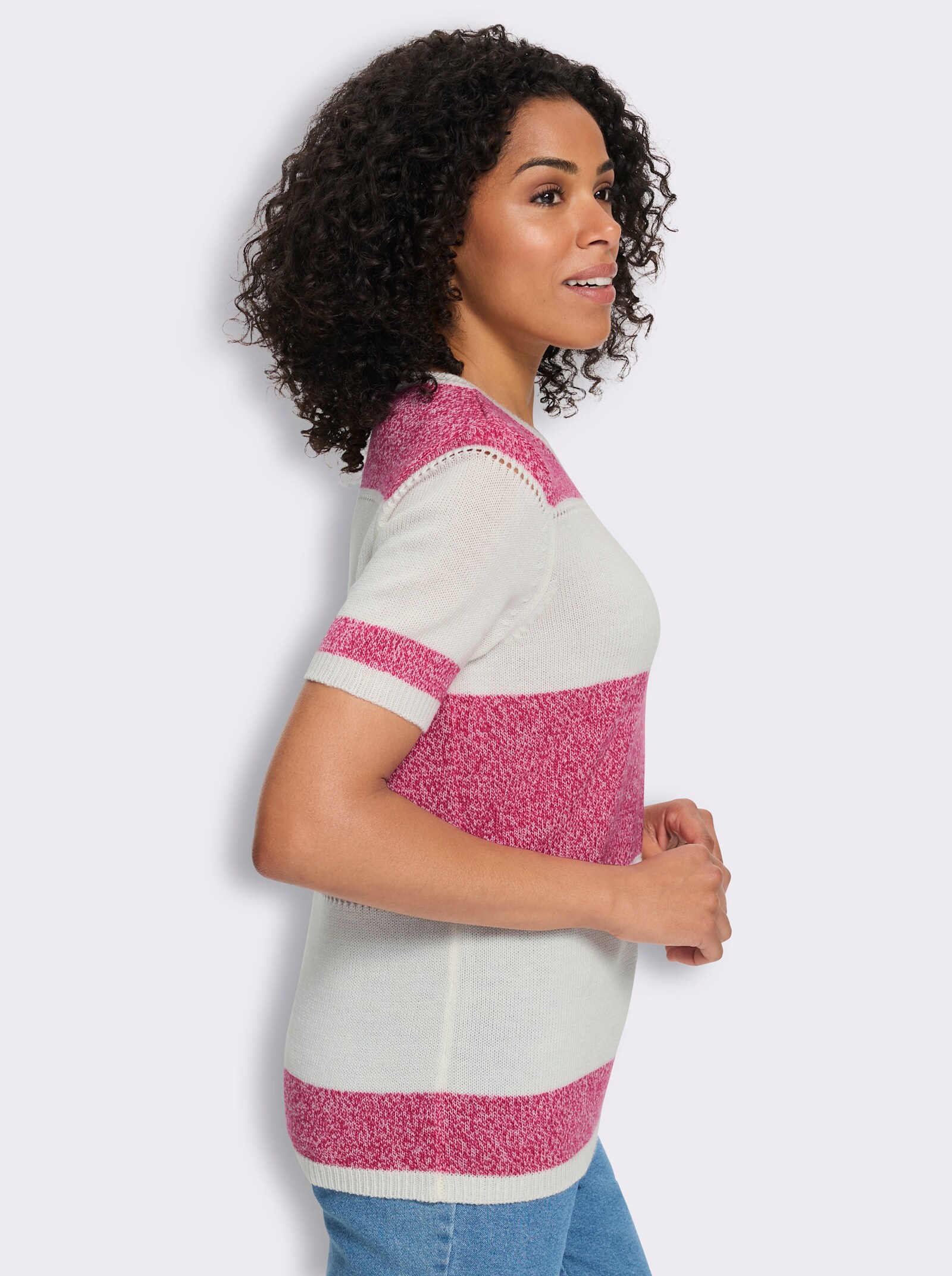 Kurzarmpullover im Ringel-Dessin - pink-ecru-gemustert