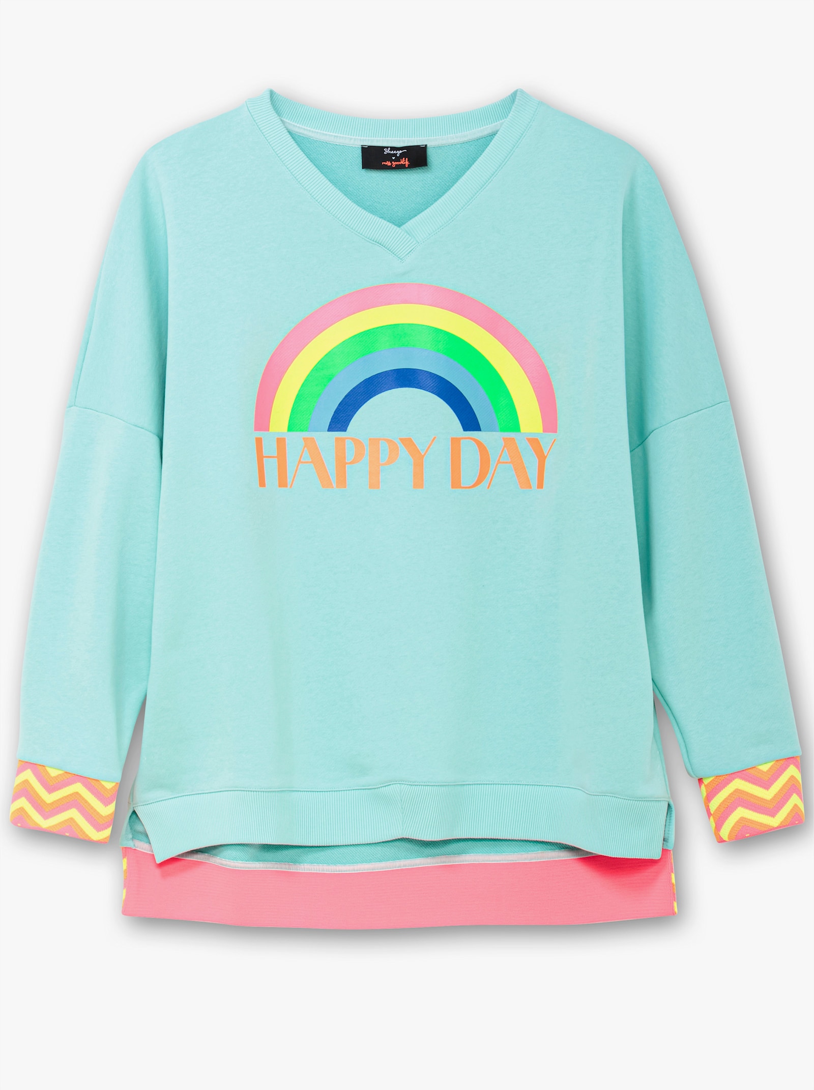 sheego loves miss goodlife Sweatshirt mit Frontdruck und Streifenbündchen - hellblau bedruckt