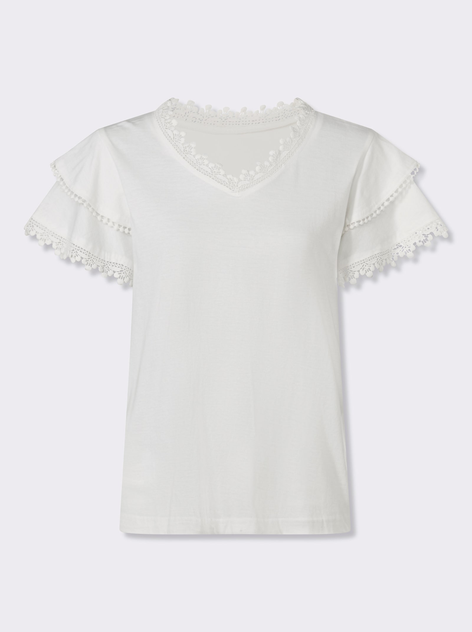 Shirt met V-hals en kanten details - ecru