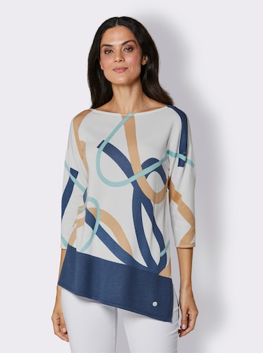 CREATION L PREMIUM 3/4 Arm-Pullover mit asymmetrischem Saum - ecru-jeansblau-gemustert