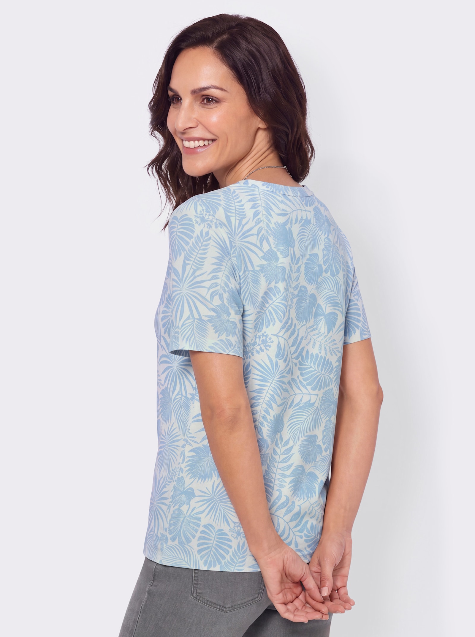 Print-Shirt mit Zierknöpfen - eisblau-ecru-bedruckt