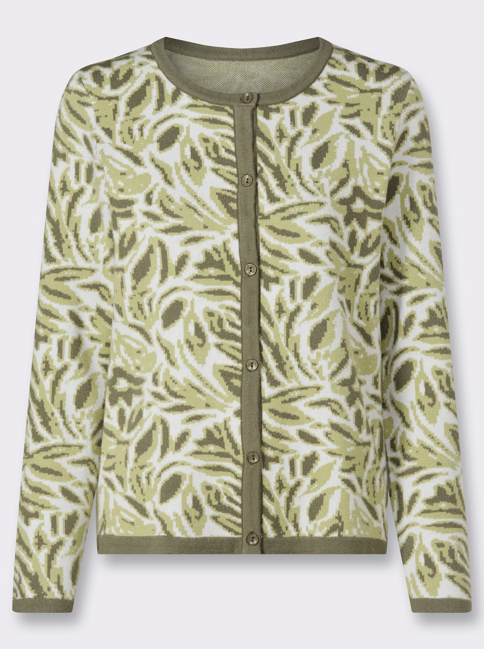 Jacquardstrickjacke mit floralem Allovermuster - khaki-ecru-gemustert