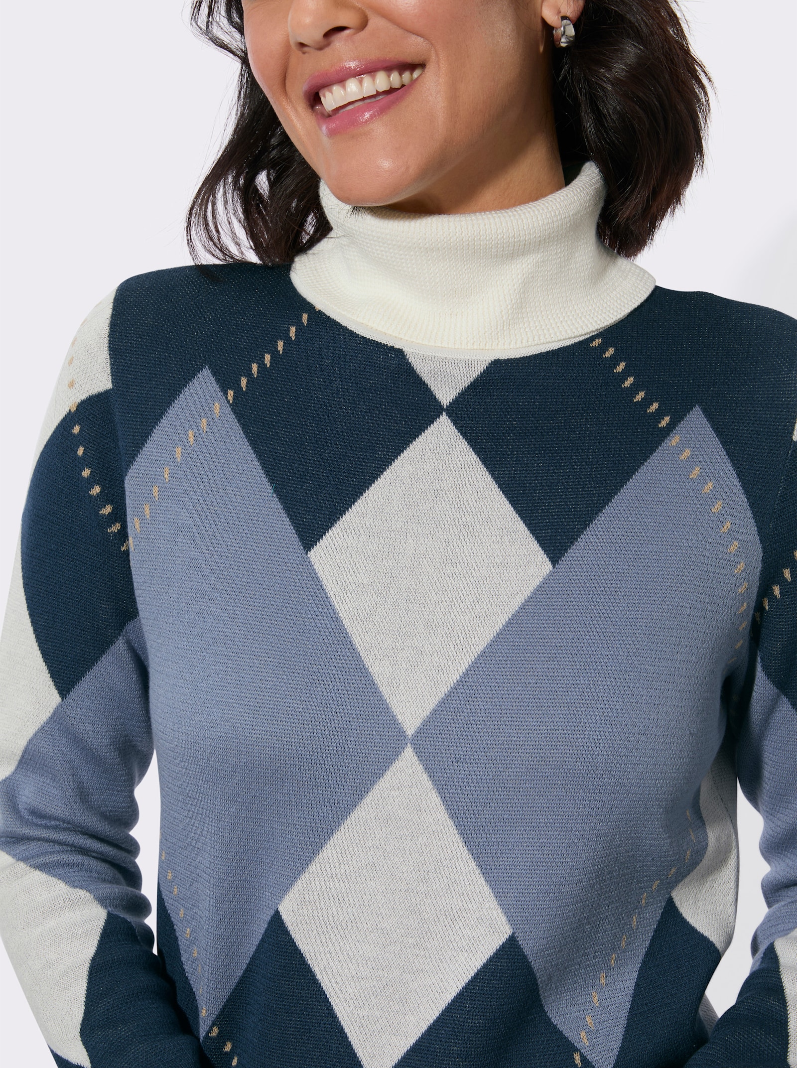 Rollkragenpullover mit Jacquard-Muster - dunkelblau-ecru