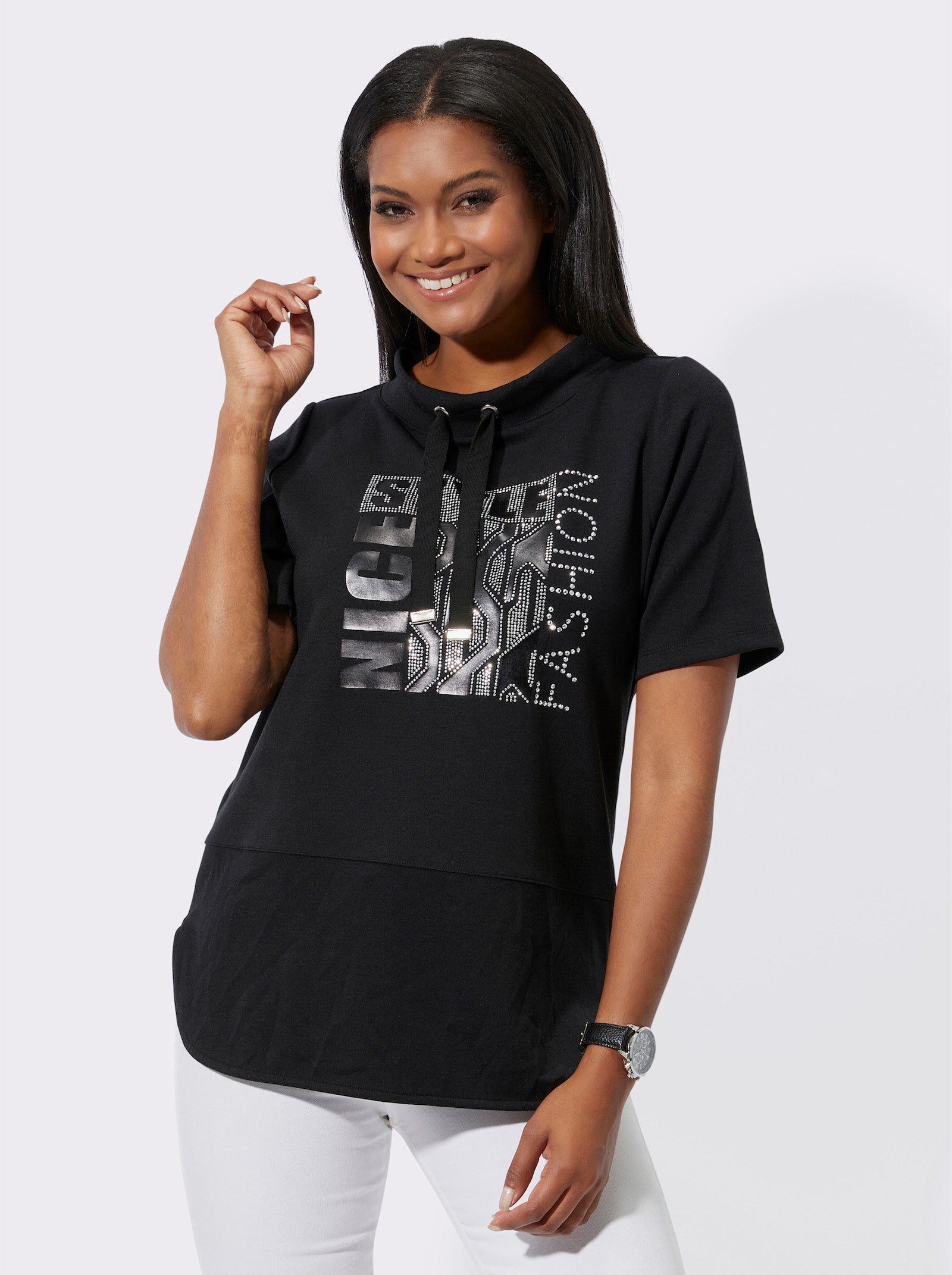 Kurzarmshirt mit Stehkragen - schwarz